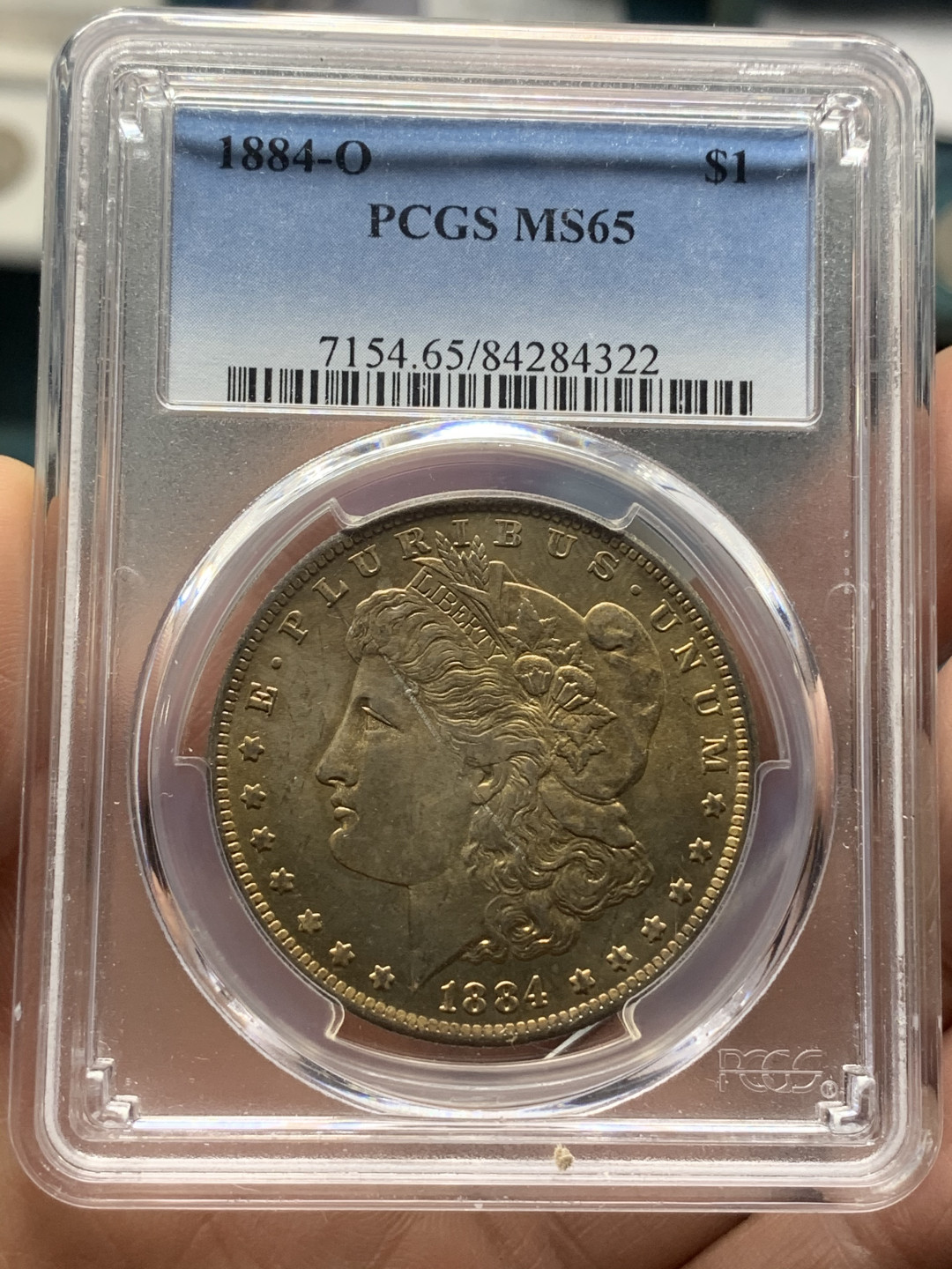 《竞宝斋》第27场-本周日，周一2场连拍（全场顺丰包邮） PCGS-MS65 1884年美国摩根银元 黄金炫彩摩根 很少见的正面全金彩 实物极美