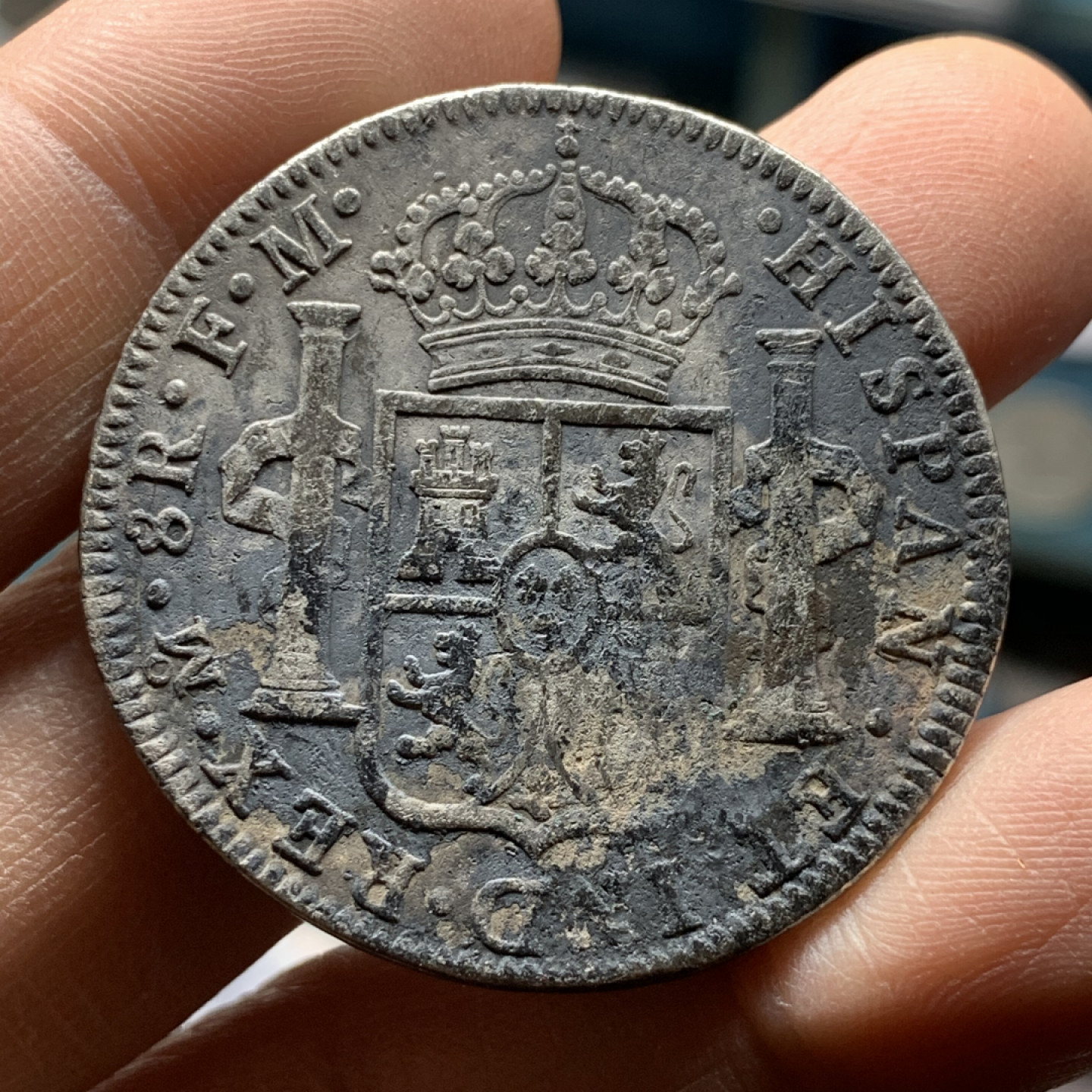 《竞宝斋》第27场-本周日，周一2场连拍（全场顺丰包邮） 西属 墨西哥1794年 卡四 8R 双柱大银币 39.4mm 26克  细节见图