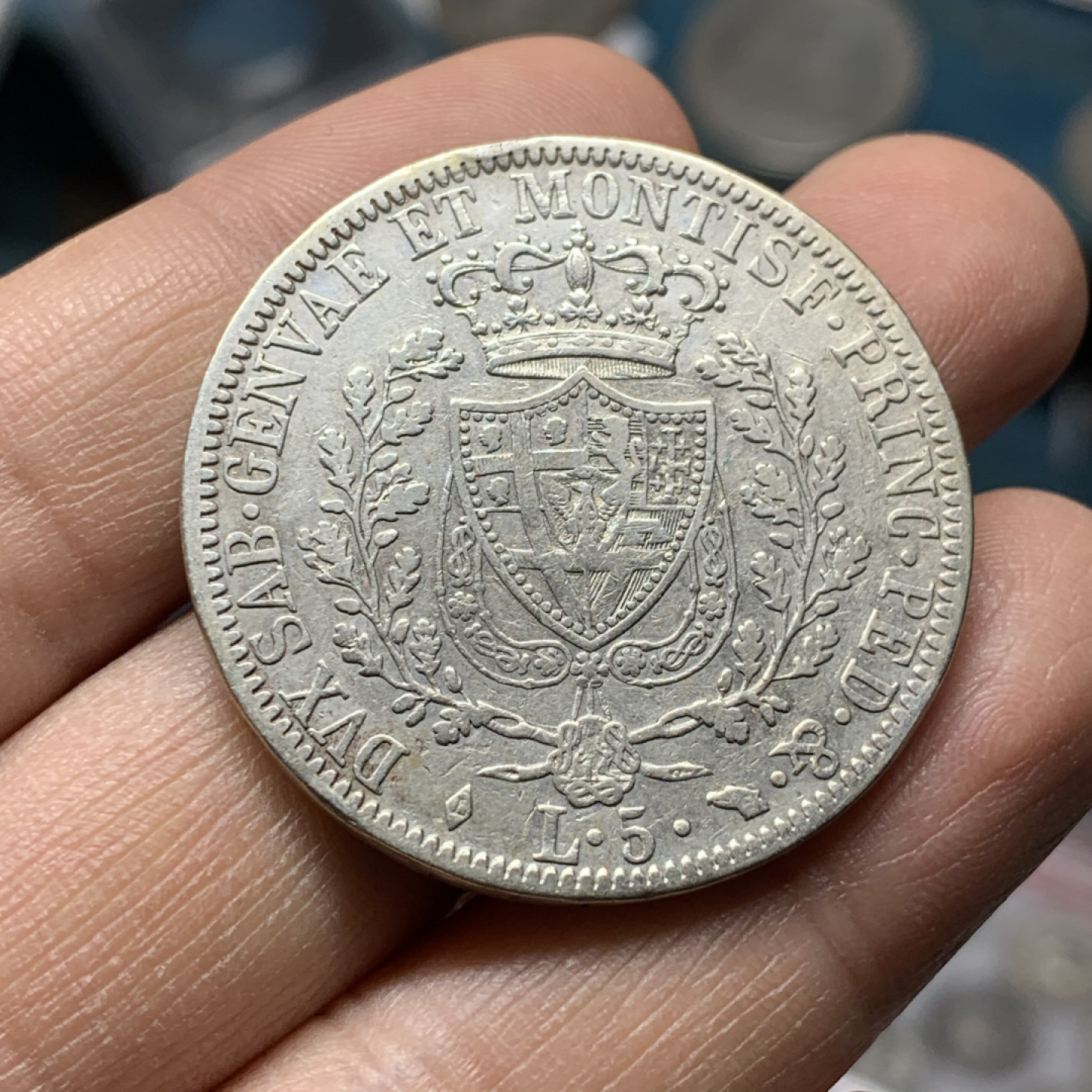 《竞宝斋》第27场-本周日，周一2场连拍（全场顺丰包邮） 1827年意大利撒丁岛5里拉银币