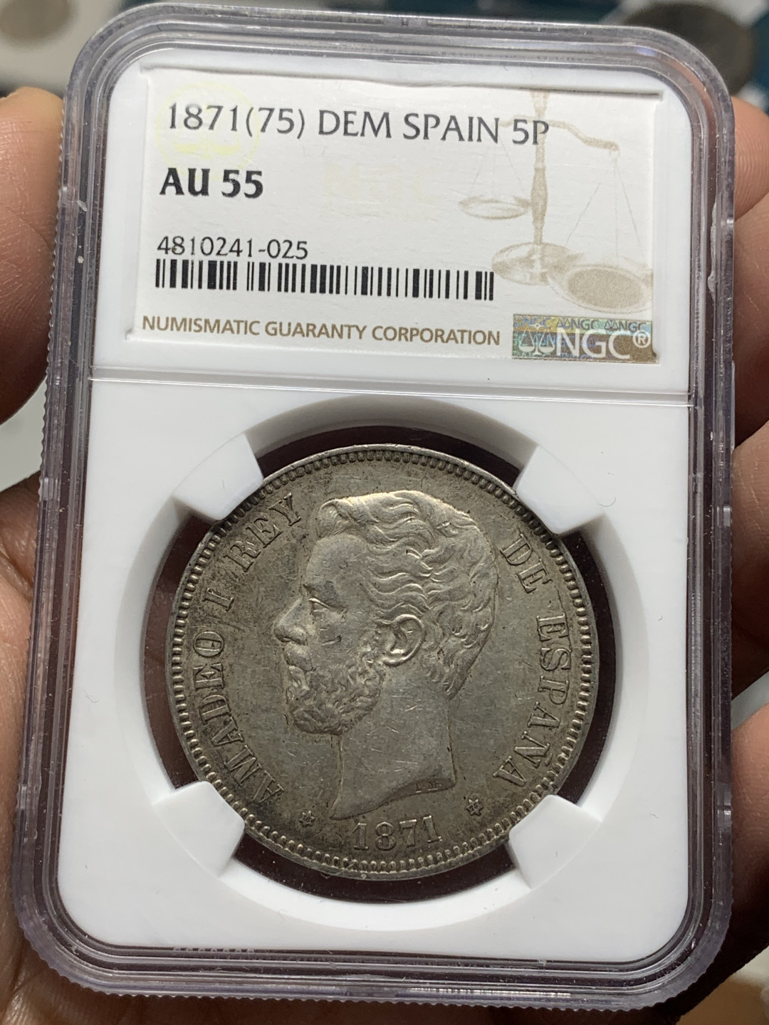 《竞宝斋》第27场-本周日，周一2场连拍（全场顺丰包邮） NGC AU55 西班牙 1871（75）年 5比塞塔 阿梅迪奥一世银币 罕见年份 NGC亚军分数！