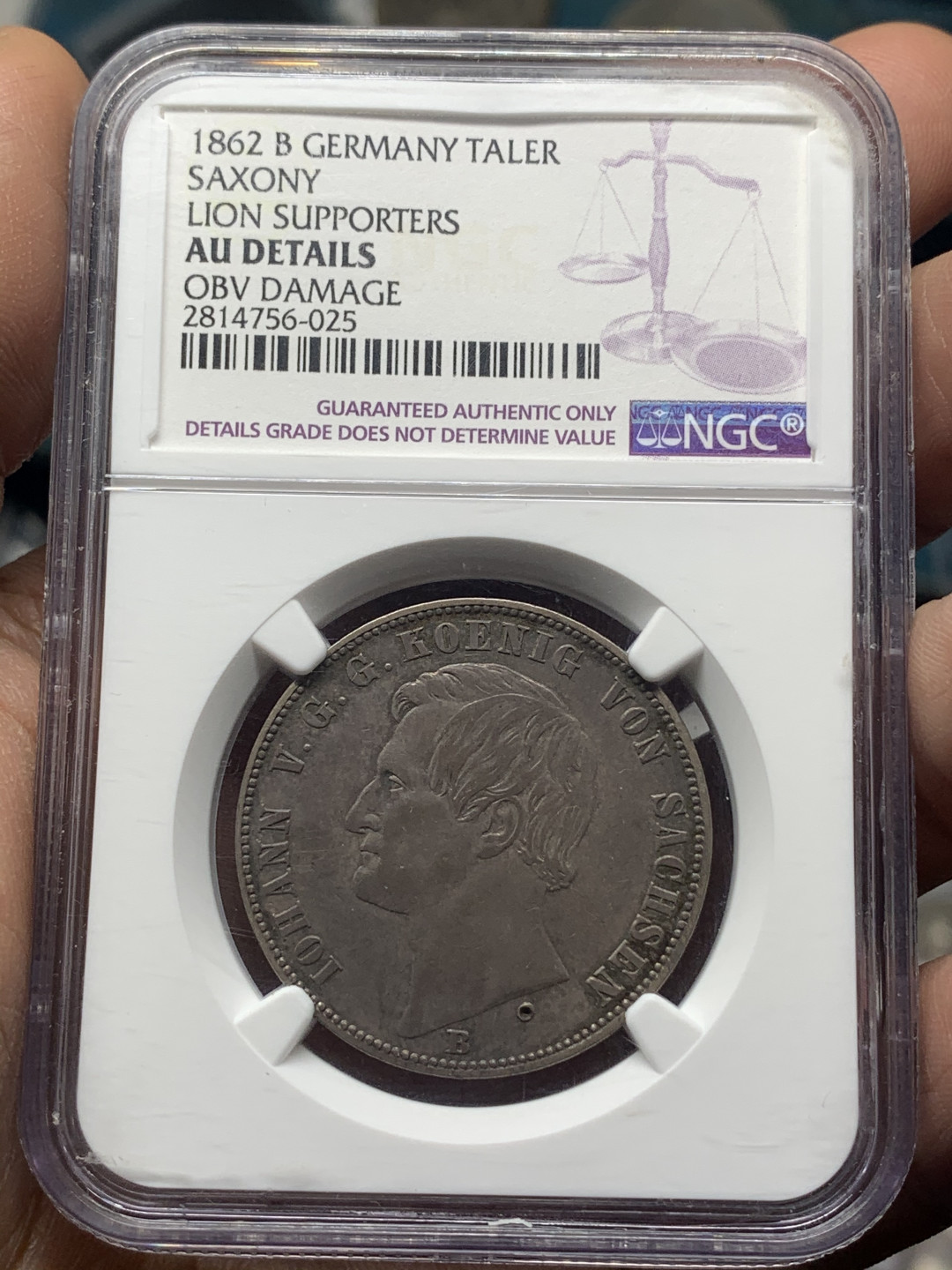 《竞宝斋》第27场-本周日，周一2场连拍（全场顺丰包邮） NGC AU德国萨克森1862年1泰勒 银币