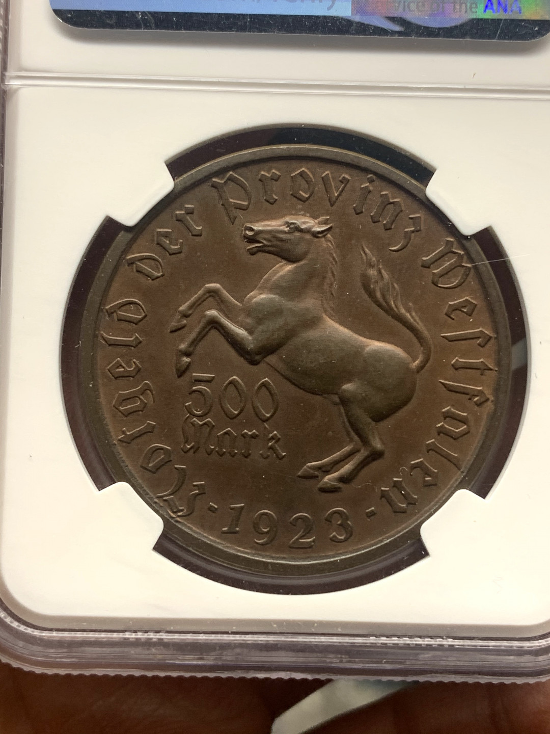 《竞宝斋》第27场-本周日，周一2场连拍（全场顺丰包邮） NGC-MS63BN 德国1923年 500马克 紧急币马币 美女诗人   巧克力包浆漂亮