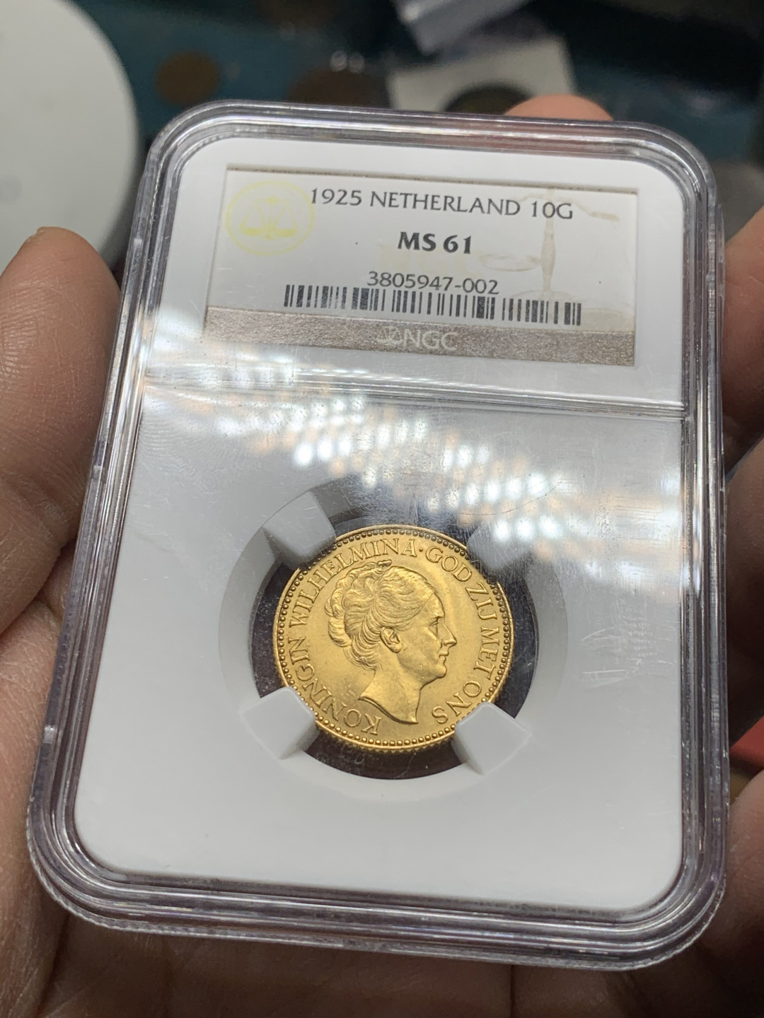 《竞宝斋》第27场-本周日，周一2场连拍（全场顺丰包邮） 1925年 荷兰威廉明娜女王10盾金币，ngc评级ms61 6.729克，90%含金量
