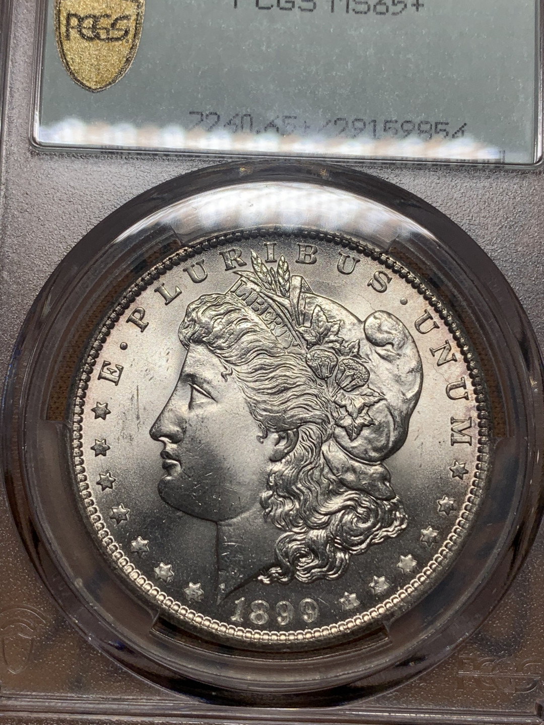 《竞宝斋》第27场-本周日，周一2场连拍（全场顺丰包邮） PCGS-MS65+ 美国 1899年 摩根银币 新奥尔良厂  35周年盒