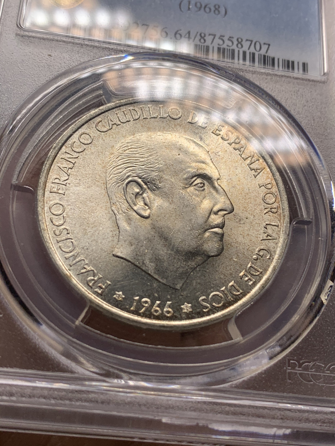 《竞宝斋》第27场-本周日，周一2场连拍（全场顺丰包邮） PCGS MS64 1966 西班牙 100比塞塔 佛朗哥银币 带彩转光