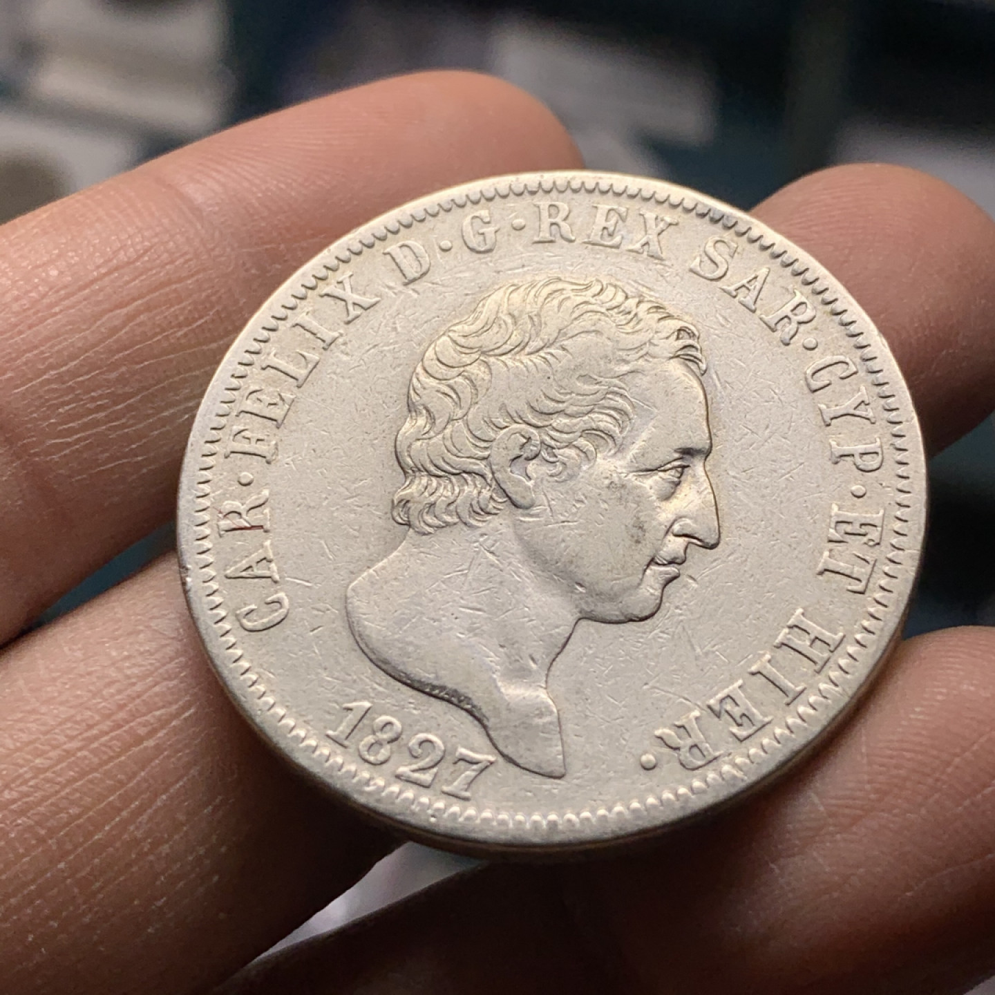 《竞宝斋》第27场-本周日，周一2场连拍（全场顺丰包邮） 1827年意大利撒丁岛5里拉银币