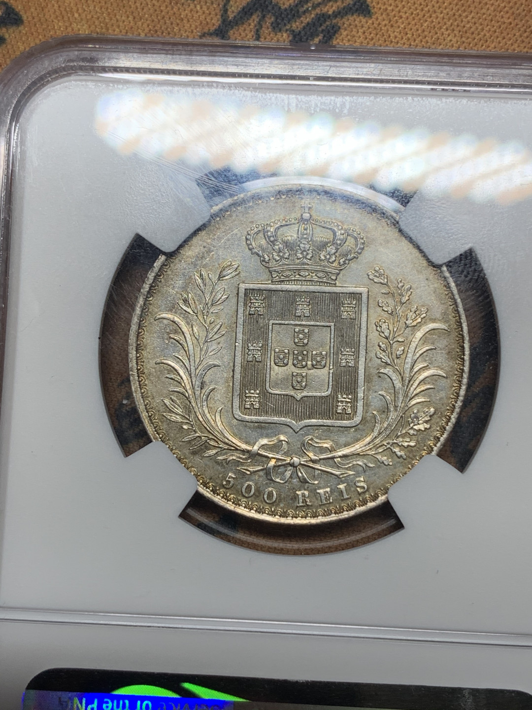《竞宝斋》第27场-本周日，周一2场连拍（全场顺丰包邮） NGC UNC 葡萄牙 1889年 500里斯 路易斯一世银币  葡萄牙稀缺品种 老洗环彩包浆MS级细节