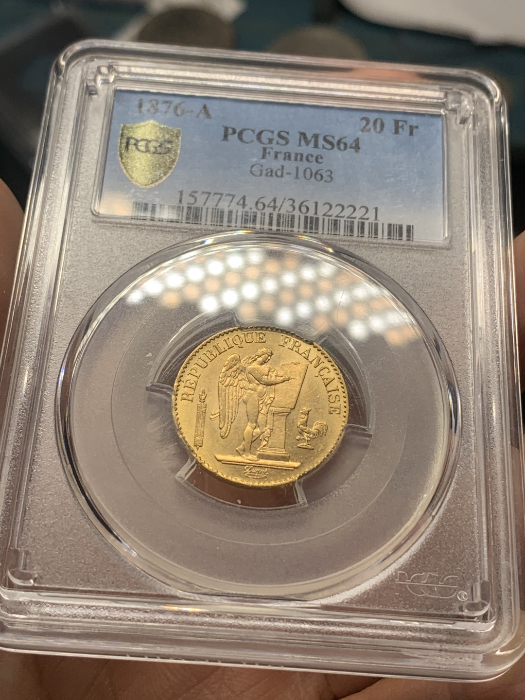 《竞宝斋》第27场-本周日，周一2场连拍（全场顺丰包邮） PCGS-MS64 法国1876年20法郎天使金币 6.45克，900金，早期年份，不是常见的1897年