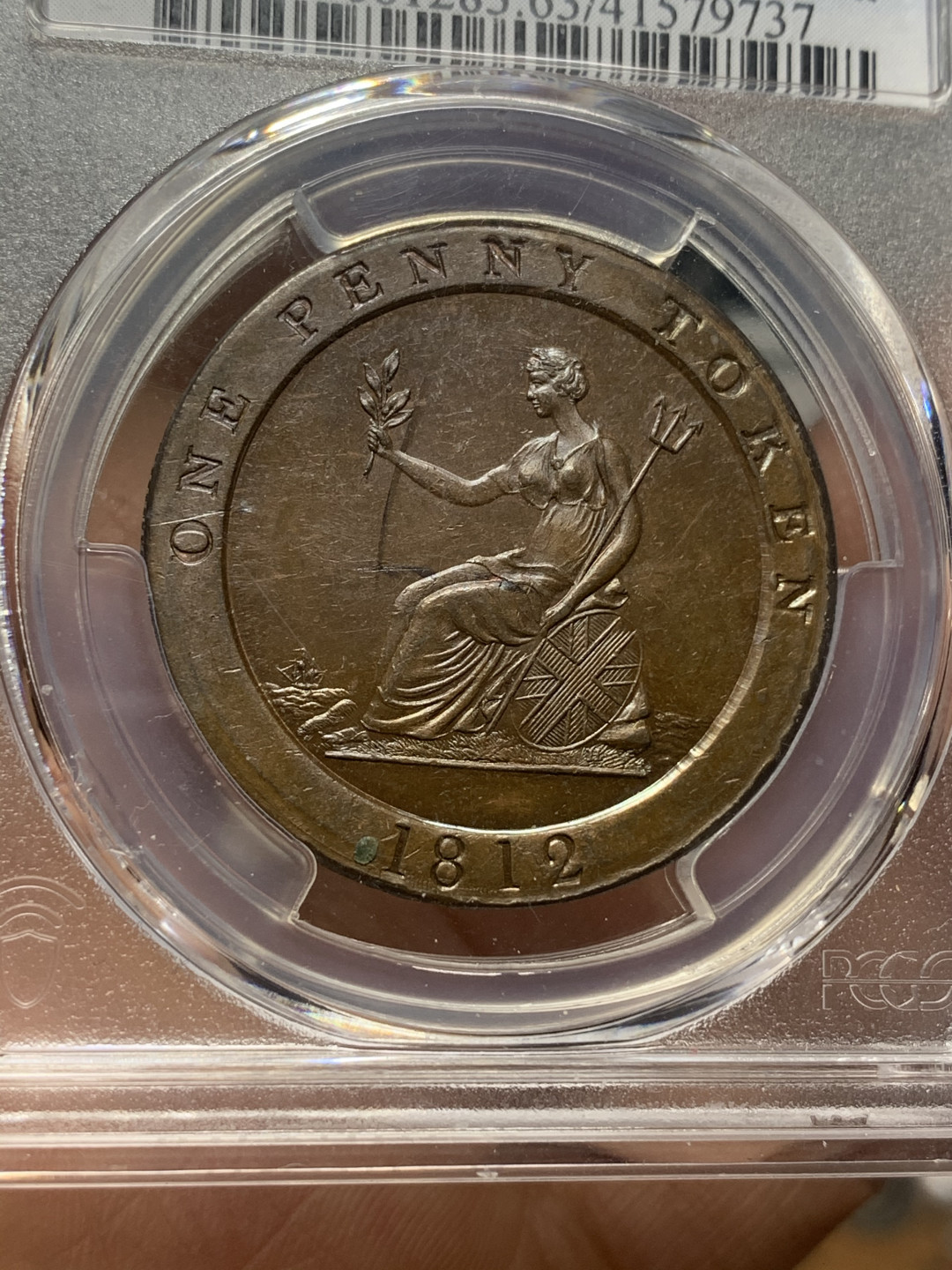 《竞宝斋》第27场-本周日，周一2场连拍（全场顺丰包邮） PCGS-MS63BN 英国1812年1便士代用币 车轮币造型设计 很有特色 状态一流