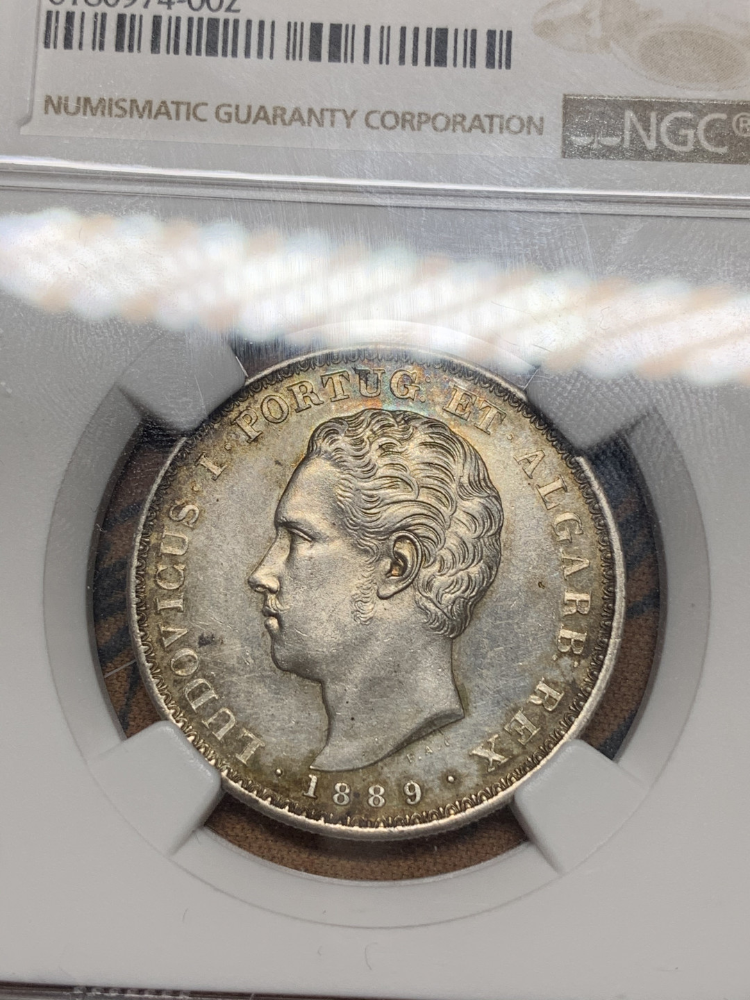 《竞宝斋》第27场-本周日，周一2场连拍（全场顺丰包邮） NGC UNC 葡萄牙 1889年 500里斯 路易斯一世银币  葡萄牙稀缺品种 老洗环彩包浆MS级细节