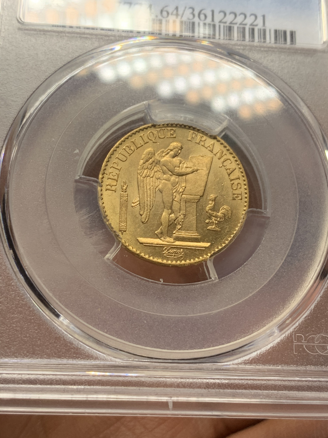 《竞宝斋》第27场-本周日，周一2场连拍（全场顺丰包邮） PCGS-MS64 法国1876年20法郎天使金币 6.45克，900金，早期年份，不是常见的1897年