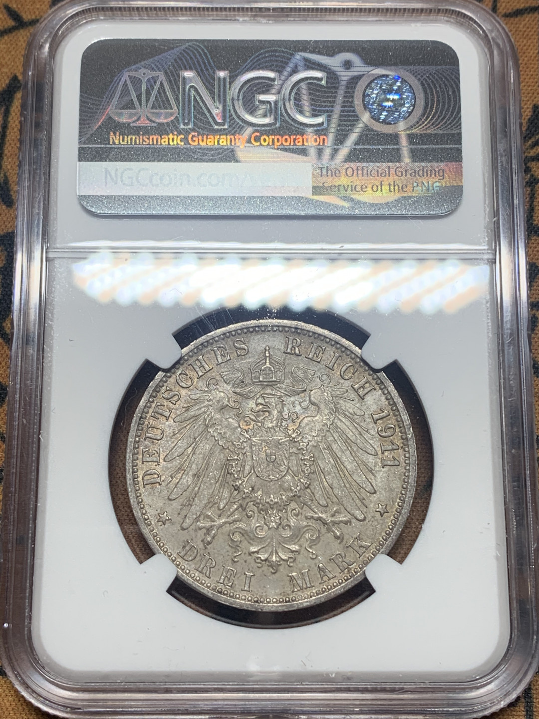 《竞宝斋》第27场-本周日，周一2场连拍（全场顺丰包邮） NGC MS62 德国1911年金婚纪念3马克银币