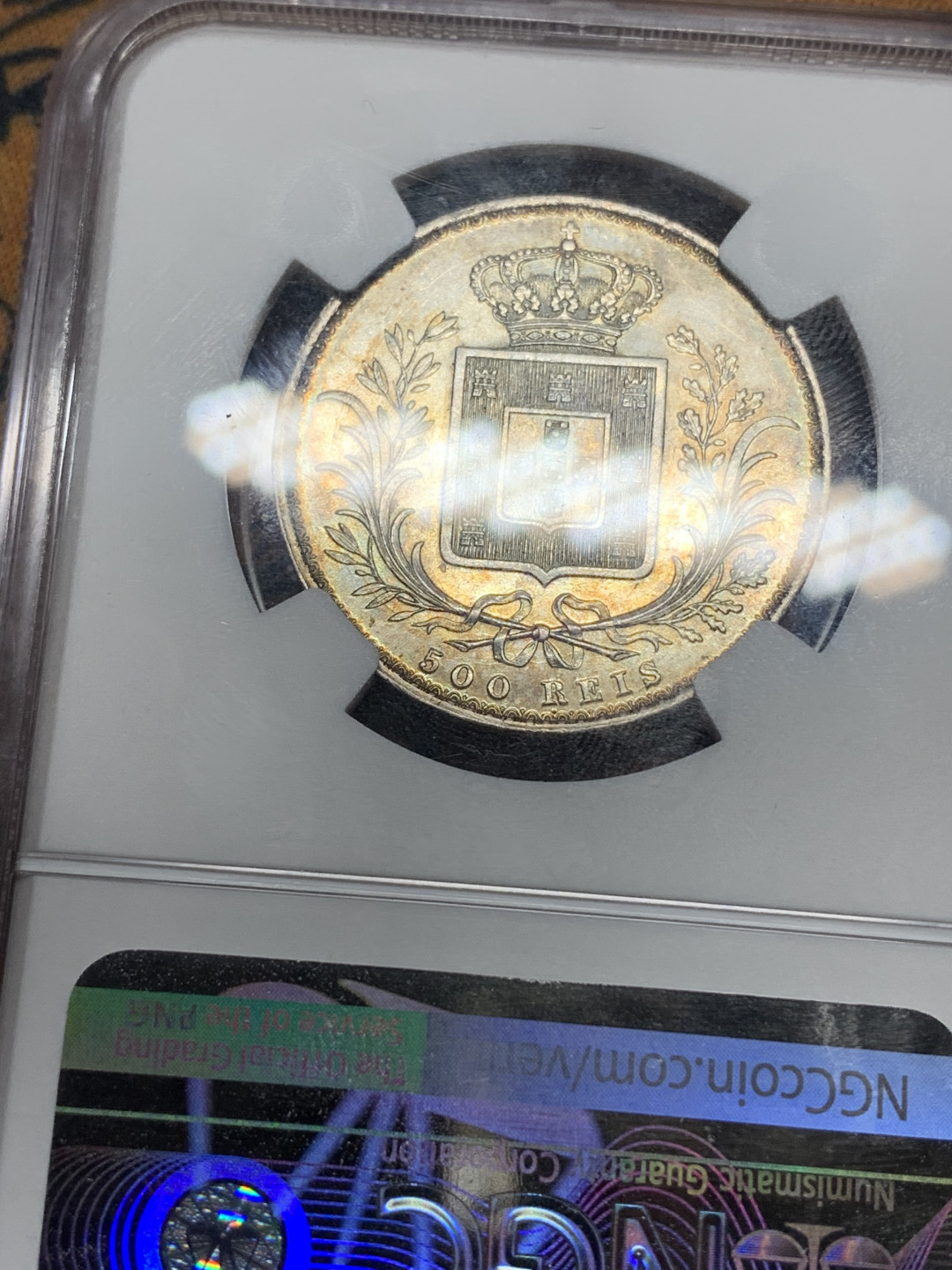 《竞宝斋》第27场-本周日，周一2场连拍（全场顺丰包邮） NGC UNC 葡萄牙 1889年 500里斯 路易斯一世银币  葡萄牙稀缺品种 老洗环彩包浆MS级细节