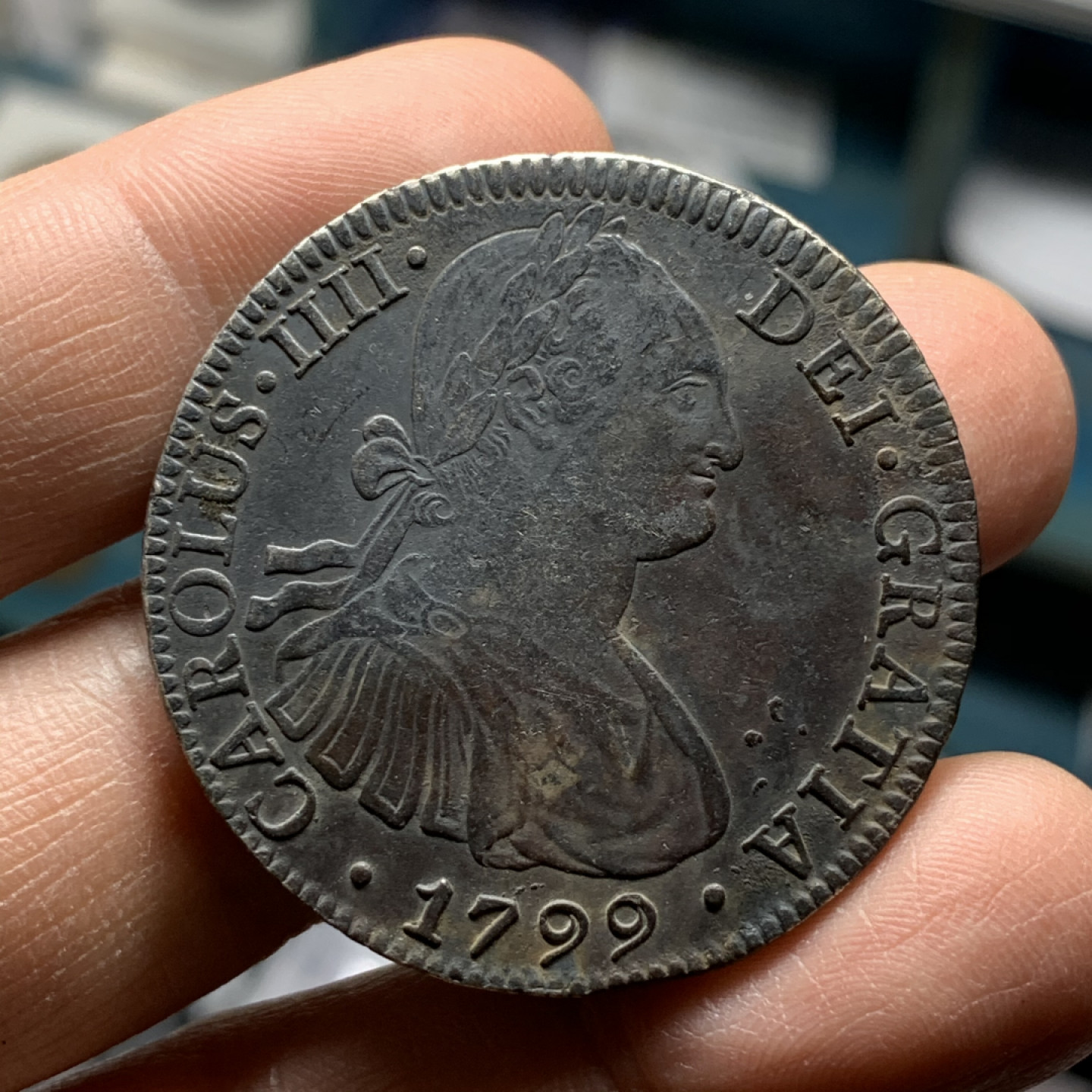 《竞宝斋》第27场-本周日，周一2场连拍（全场顺丰包邮） 西属 墨西哥1799年 卡四 8R 双柱大银币 39.6mm 26.6克  细节见图