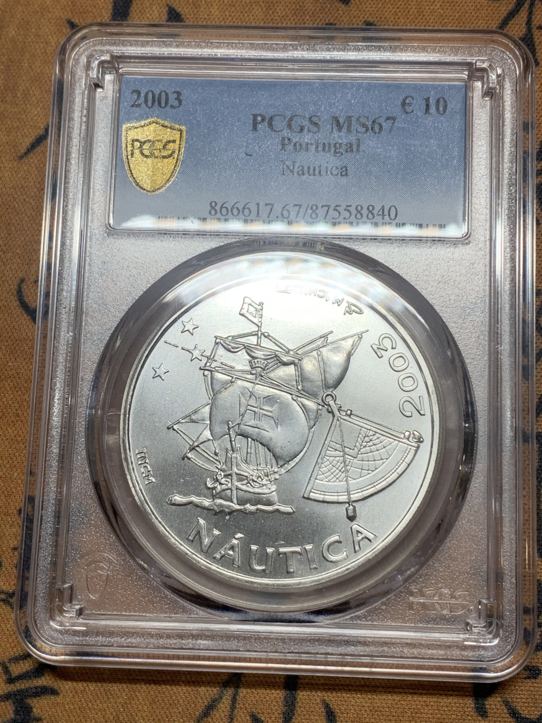 《竞宝斋》第27场-本周日，周一2场连拍（全场顺丰包邮） PCGS MS67 葡萄牙2003年美洲航海纪念10欧元普制大银币 唯一冠军分
