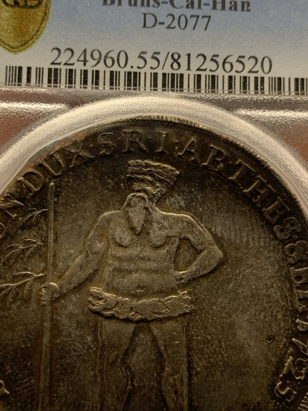 《竞宝斋》第28场-本周日，周一2场连拍（全场顺丰包邮） PCGS AU55 唯一冠军分 布伦瑞克-卢内堡-卡伦伯格-汉诺威 1725年 野人泰勒 深五彩包浆 正反深打 人物鼻尖可见 可遇不可求