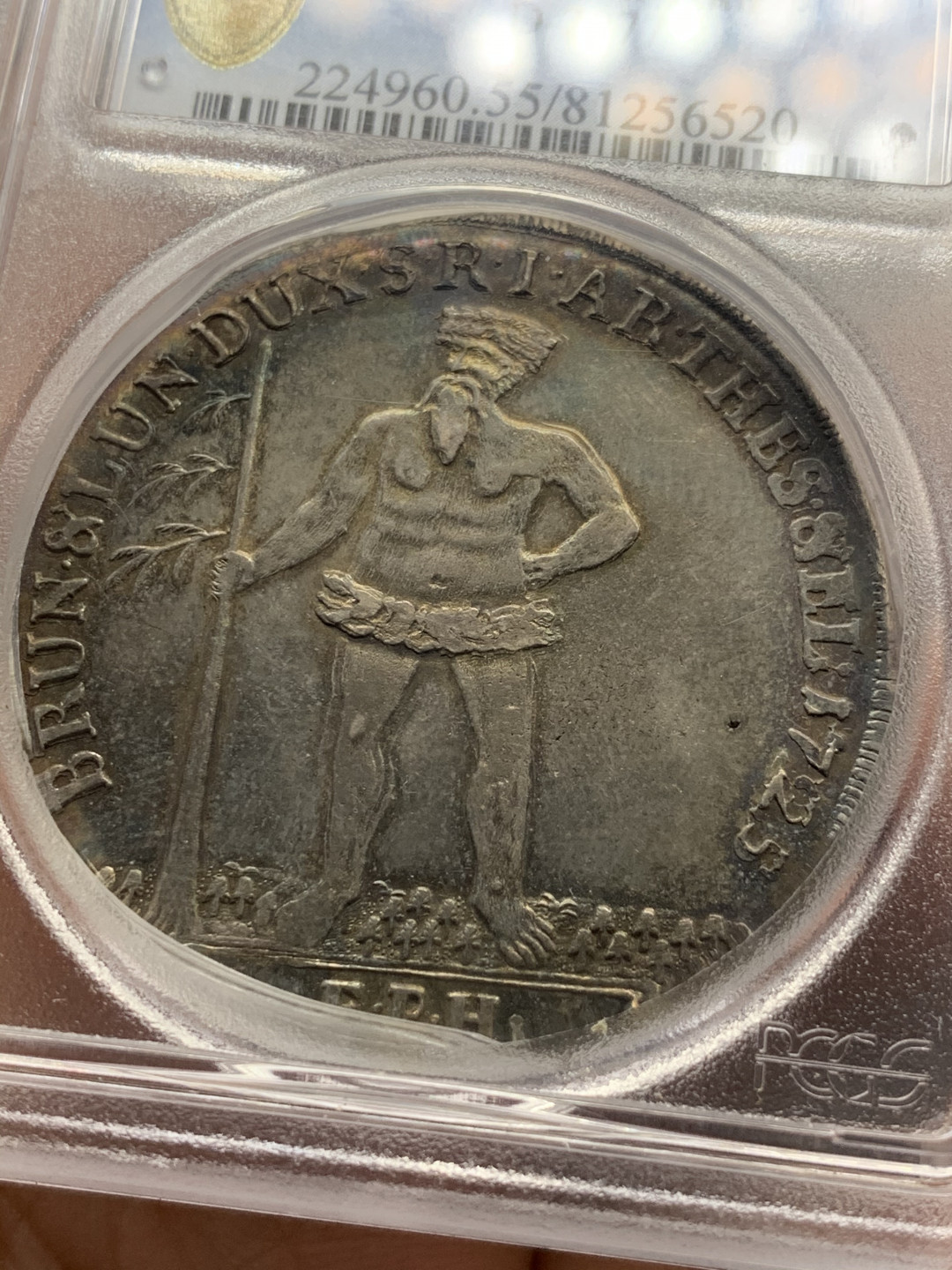 《竞宝斋》第28场-本周日，周一2场连拍（全场顺丰包邮） PCGS AU55 唯一冠军分 布伦瑞克-卢内堡-卡伦伯格-汉诺威 1725年 野人泰勒 深五彩包浆 正反深打 人物鼻尖可见 可遇不可求