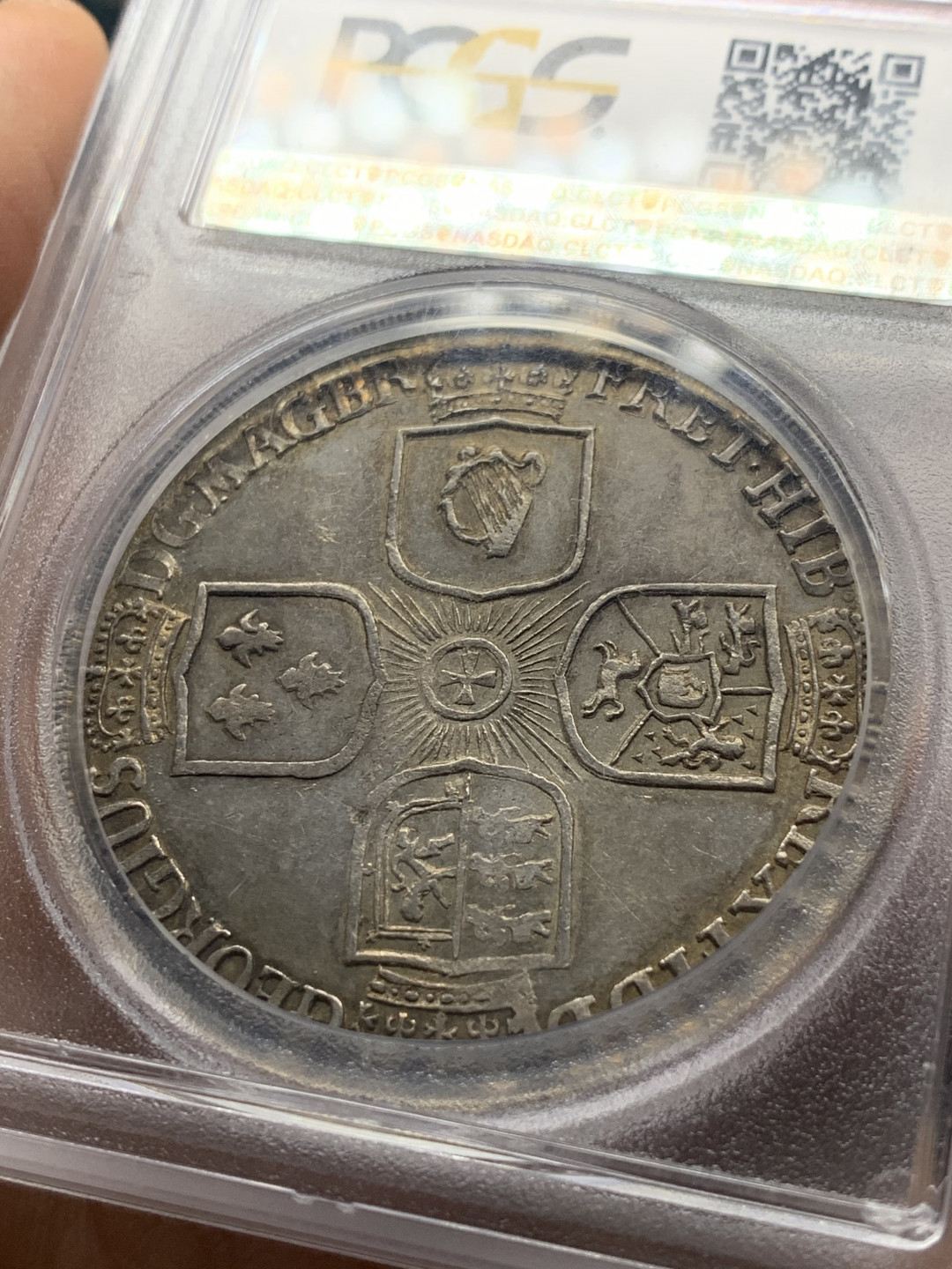 《竞宝斋》第28场-本周日，周一2场连拍（全场顺丰包邮） PCGS AU55 唯一冠军分 布伦瑞克-卢内堡-卡伦伯格-汉诺威 1725年 野人泰勒 深五彩包浆 正反深打 人物鼻尖可见 可遇不可求