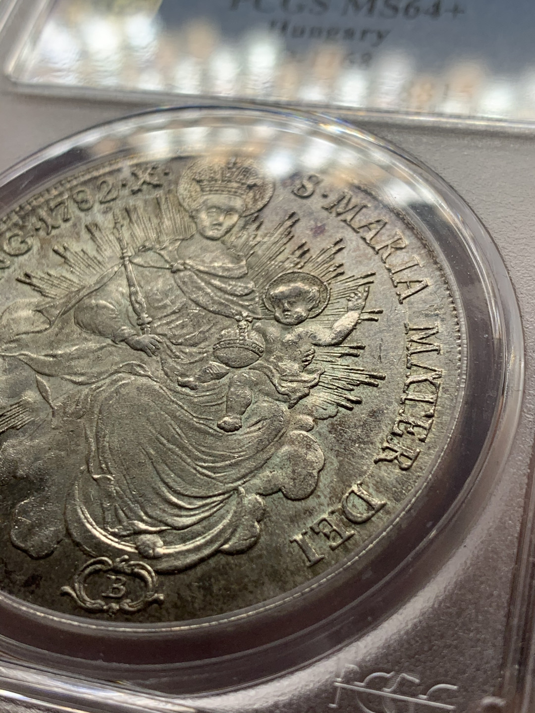 《竞宝斋》第28场-本周日，周一2场连拍（全场顺丰包邮） PCGS MS64+ 唯一冠军分封面币 神圣罗马帝国 匈牙利版 1782年 双天使圣母抱婴泰勒大银币 状态好的不可描述