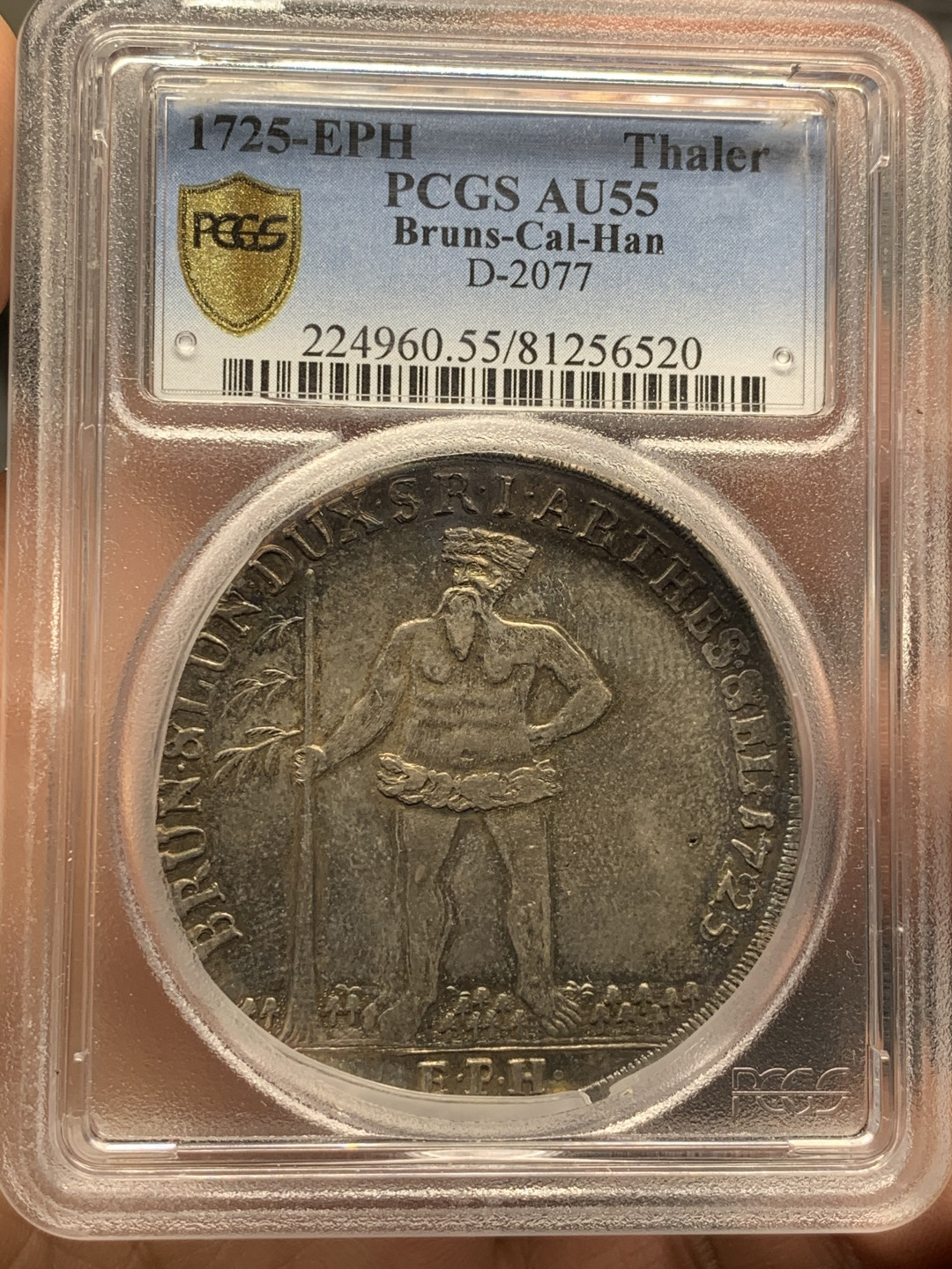 《竞宝斋》第28场-本周日，周一2场连拍（全场顺丰包邮） PCGS AU55 唯一冠军分 布伦瑞克-卢内堡-卡伦伯格-汉诺威 1725年 野人泰勒 深五彩包浆 正反深打 人物鼻尖可见 可遇不可求