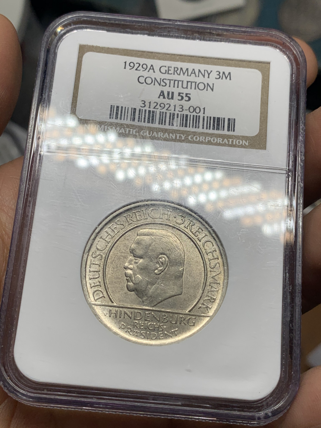 《竞宝斋》第28场-本周日，周一2场连拍（全场顺丰包邮） NGC-AU55 德国魏玛共和国1929年制宪纪念3马克银币 发行量142万枚 老盒低评完全看不出磨损