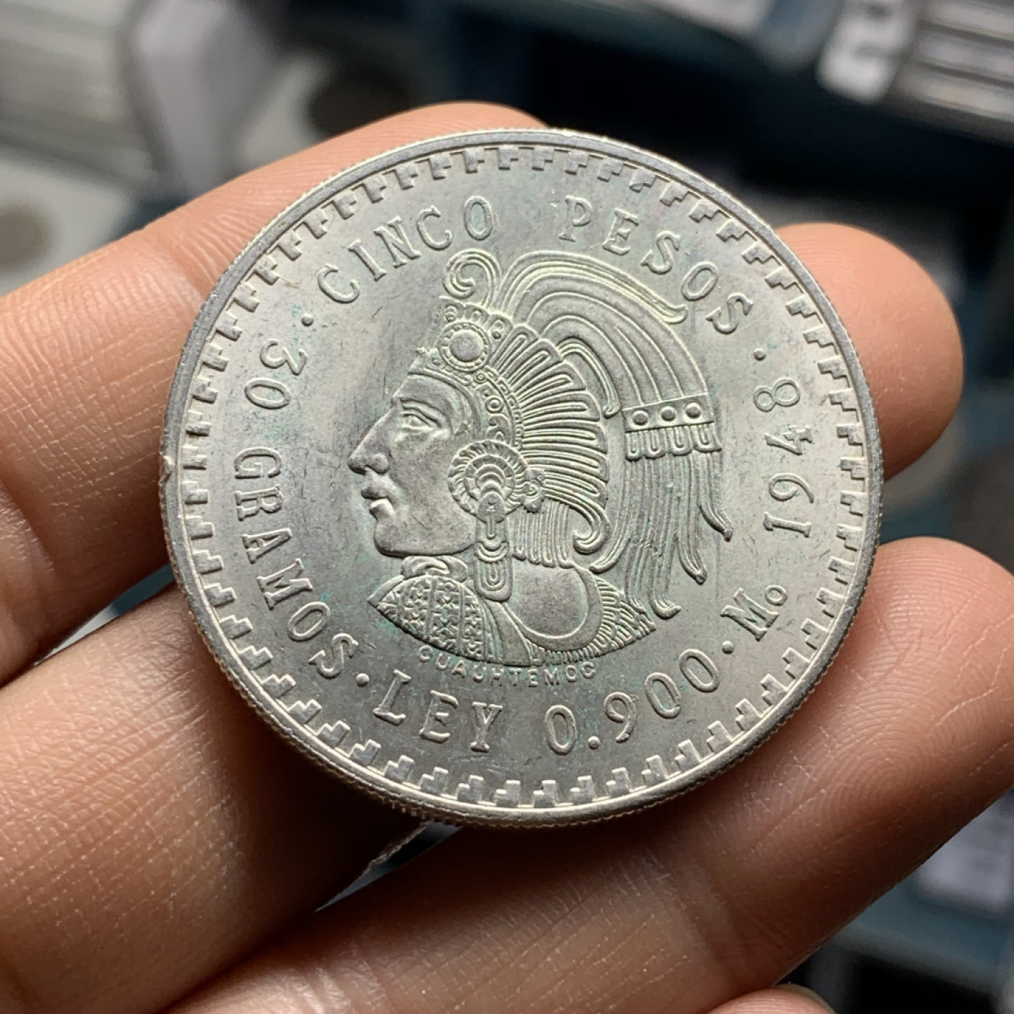 《竞宝斋》第28场-本周日，周一2场连拍（全场顺丰包邮） 墨西哥 1948年 印第安人头像 5比索 原光大银币 30克 90%银