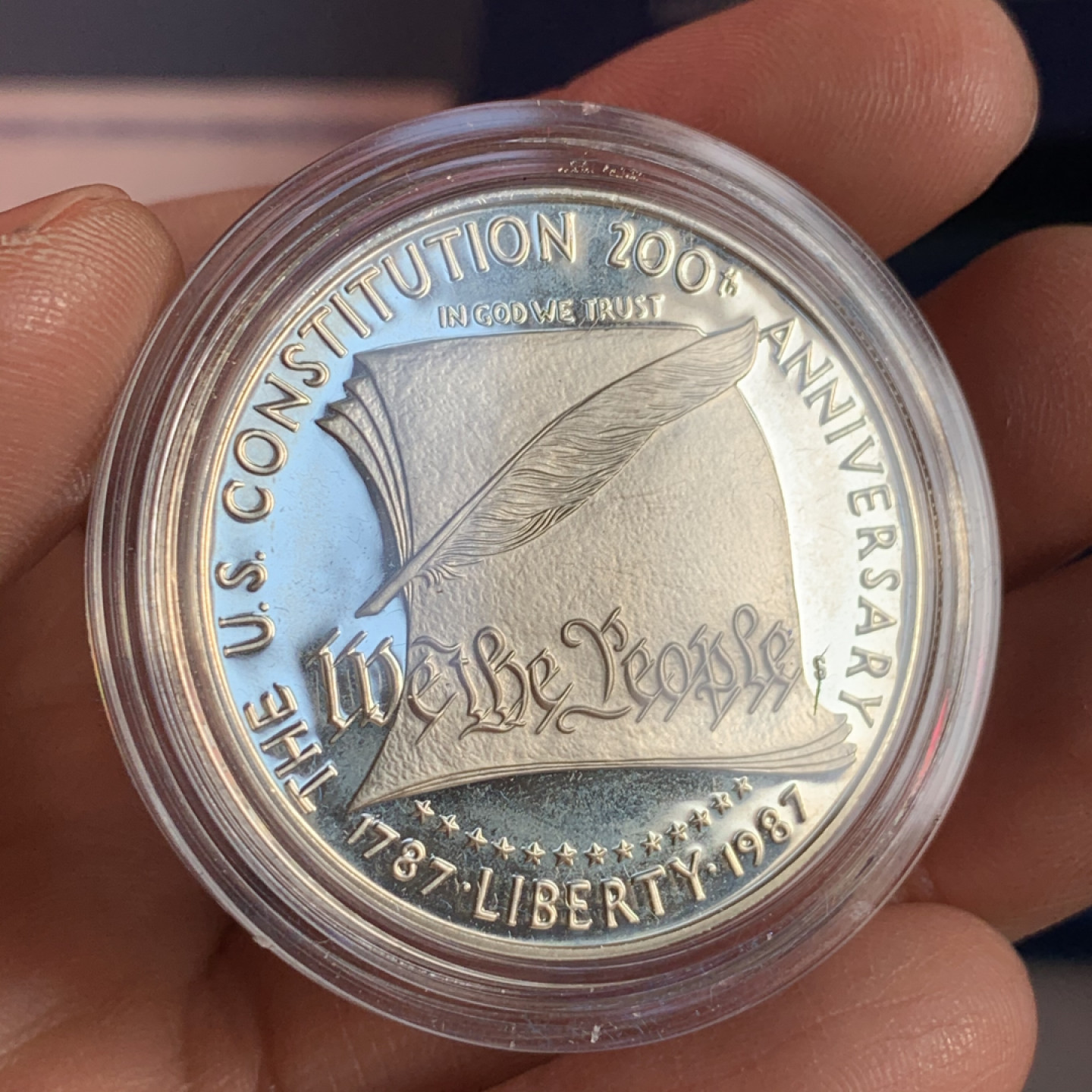 《竞宝斋》第28场-本周日，周一2场连拍（全场顺丰包邮） 原盒证书 美国1987年 宪法两百周年纪念 1元 精制银币