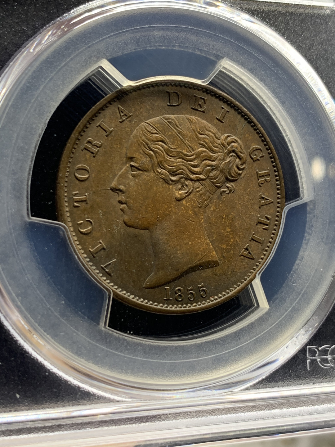 《竞宝斋》第28场-本周日，周一2场连拍（全场顺丰包邮） PCGS MS62BN 巧克力包浆 完美细节，发丝清晰 英国 1855年 小维早期 1/2便士 铜币 