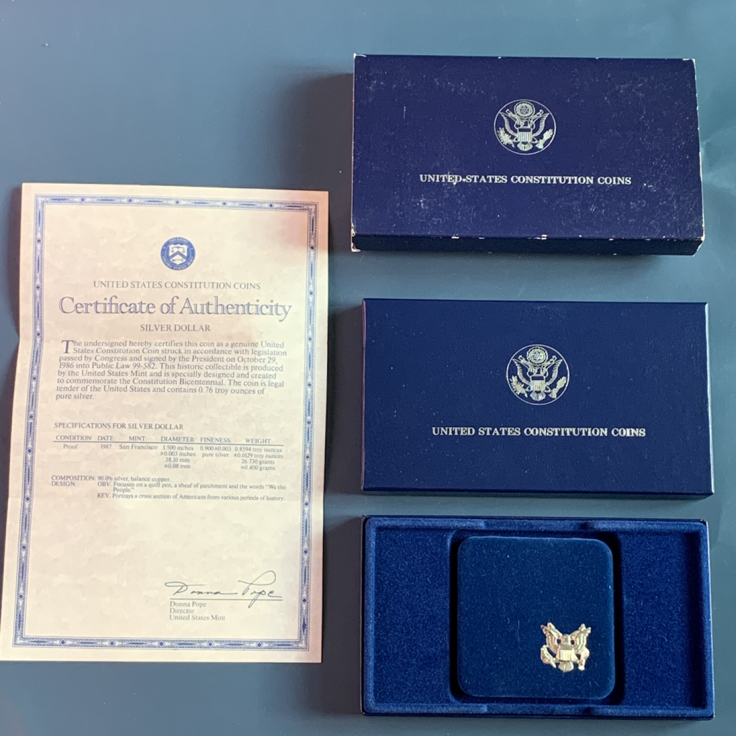 《竞宝斋》第28场-本周日，周一2场连拍（全场顺丰包邮） 原盒证书 美国1987年 宪法两百周年纪念 1元 精制银币