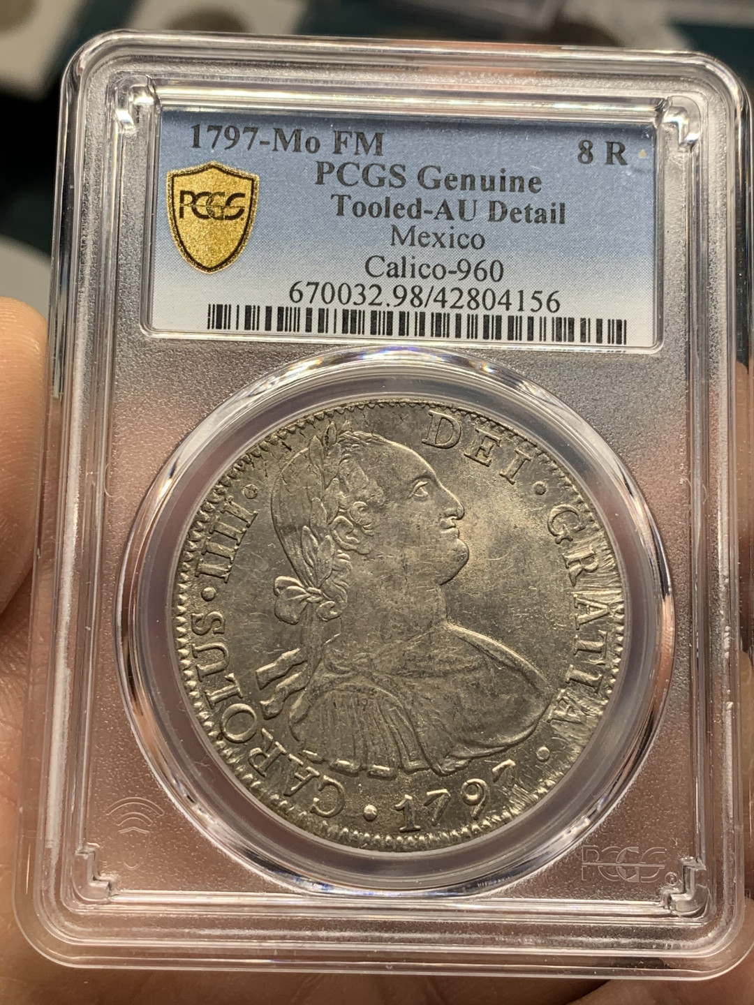 《竞宝斋》第28场-本周日，周一2场连拍（全场顺丰包邮） PCGS-AUD  1797 西属墨西哥 卡洛斯四世    8里亚尔  原味  带底光