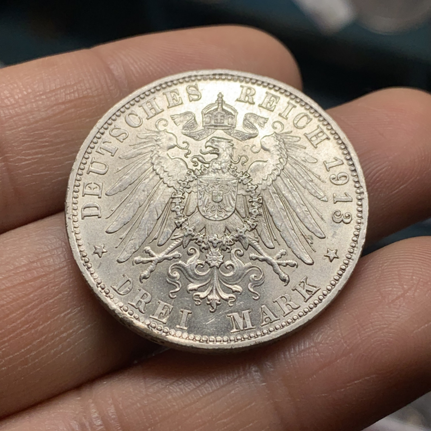 《竞宝斋》第28场-本周日，周一2场连拍（全场顺丰包邮） 德国巴伐利亚 1913年 3马克 银币 原光好品