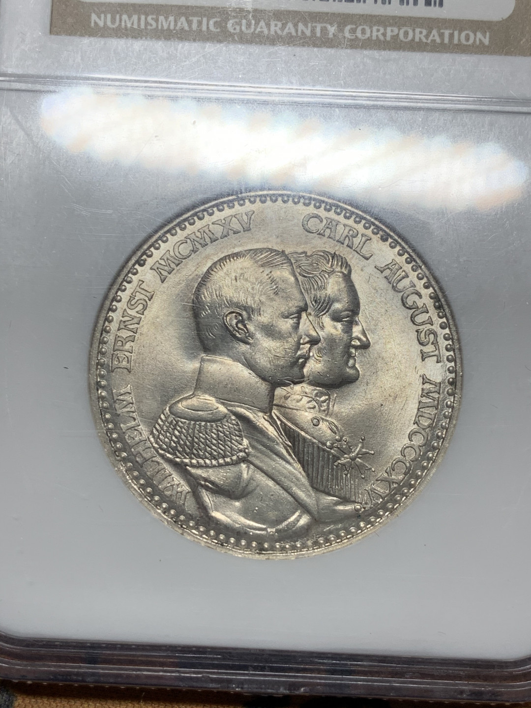 《竞宝斋》第28场-本周日，周一2场连拍（全场顺丰包邮） 德国1915萨克森魏玛-艾森纳赫3马克，NGC老盒MS64好品