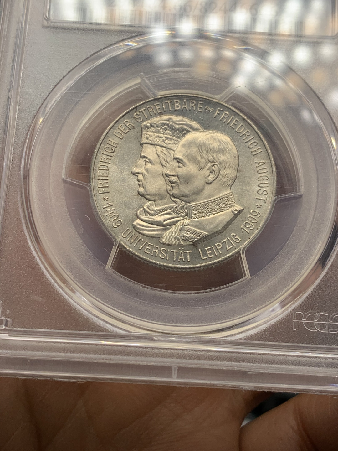 《竞宝斋》第28场-本周日，周一2场连拍（全场顺丰包邮） 德国1909莱比锡大学2马克，难得好品，PCGS-MS66，编号尾号6666