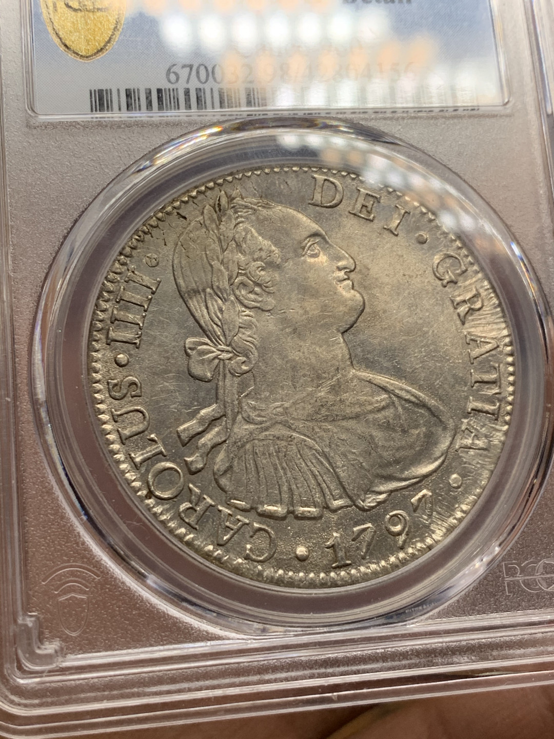 《竞宝斋》第28场-本周日，周一2场连拍（全场顺丰包邮） PCGS-AUD  1797 西属墨西哥 卡洛斯四世    8里亚尔  原味  带底光