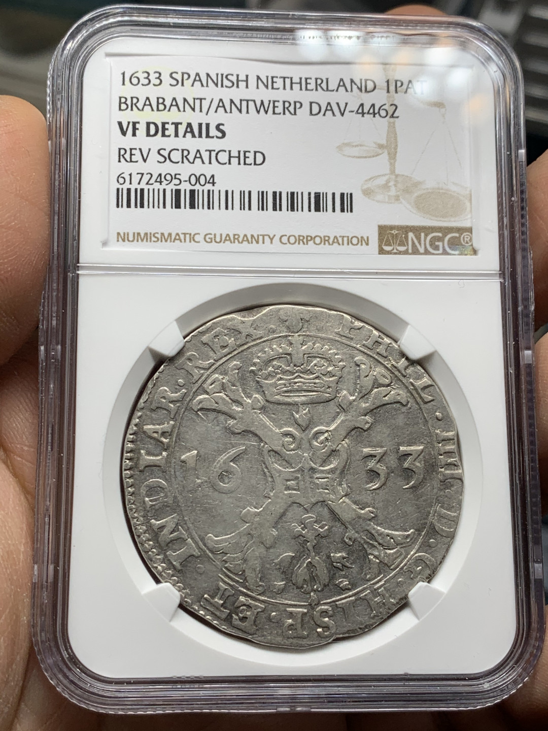 《竞宝斋》第28场-本周日，周一2场连拍（全场顺丰包邮） NGC 评级 西属尼德兰 1633年 1PAT 大银币 当时工艺粗糙 本品细节清晰深打 难得状态