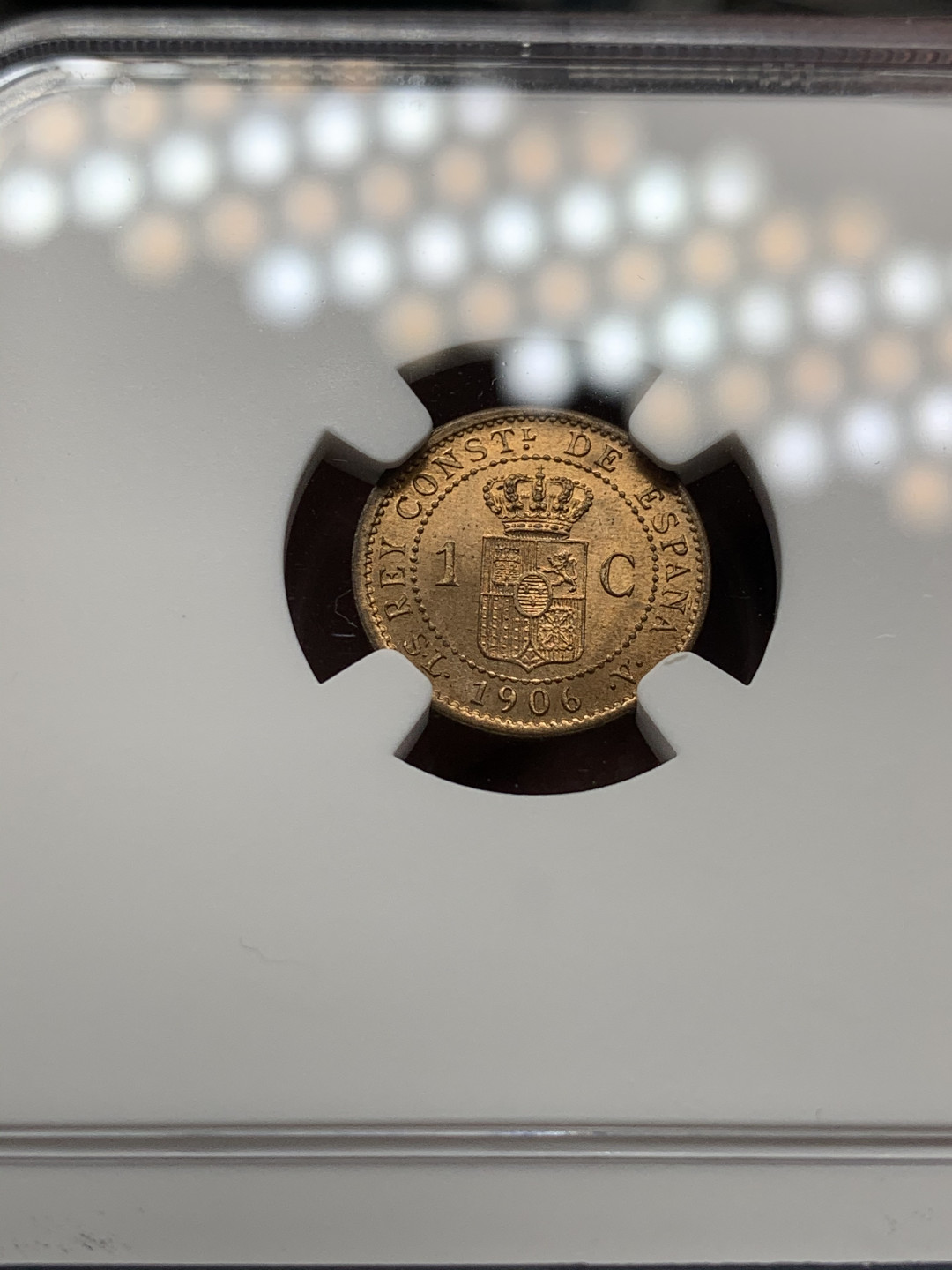 《竞宝斋》第28场-本周日，周一2场连拍（全场顺丰包邮） NGC MS64 西班牙 1906年 1分 铜币 历经100多年 保留出厂状态 铜币保存不易