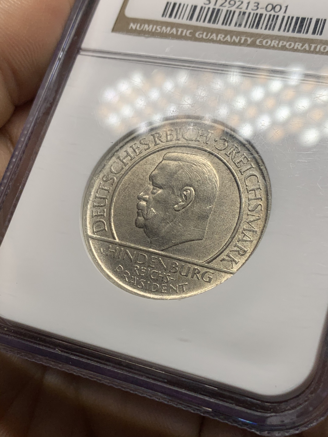 《竞宝斋》第28场-本周日，周一2场连拍（全场顺丰包邮） NGC-AU55 德国魏玛共和国1929年制宪纪念3马克银币 发行量142万枚 老盒低评完全看不出磨损