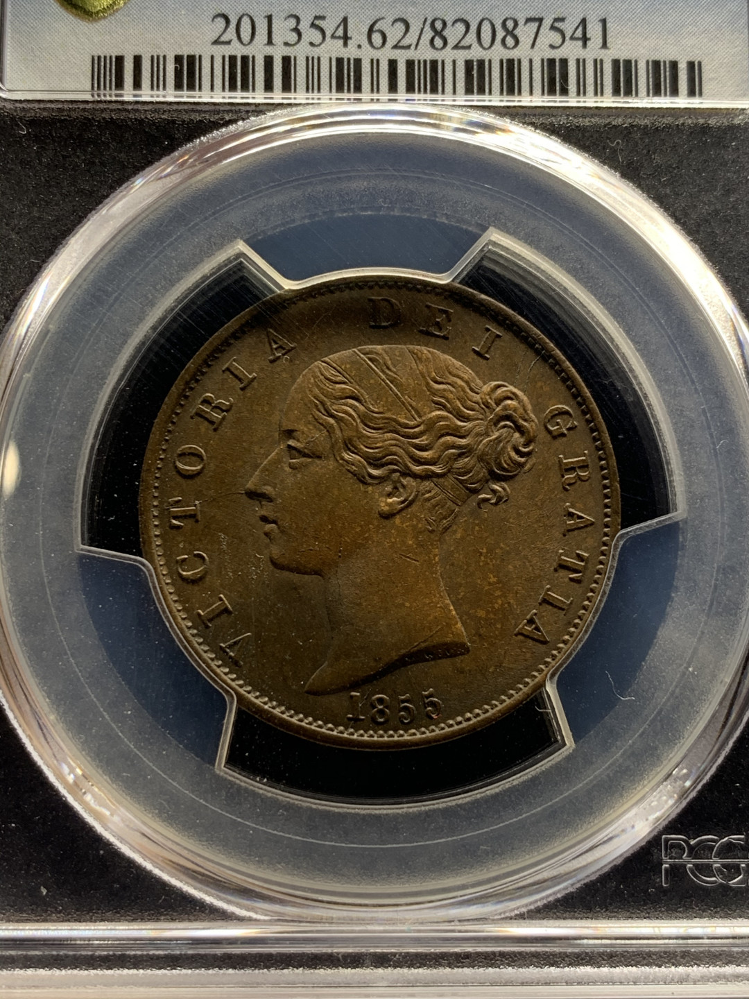 《竞宝斋》第28场-本周日，周一2场连拍（全场顺丰包邮） PCGS MS62BN 巧克力包浆 完美细节，发丝清晰 英国 1855年 小维早期 1/2便士 铜币 