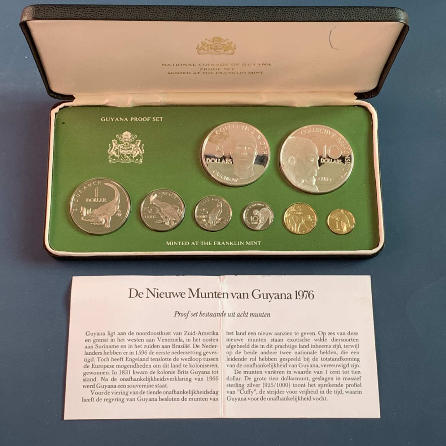 《竞宝斋》第28场-本周日，周一2场连拍（全场顺丰包邮） 原盒证书 圭亚那1976年 8枚套精制币 5元和10元都是银币 富兰克林造币厂