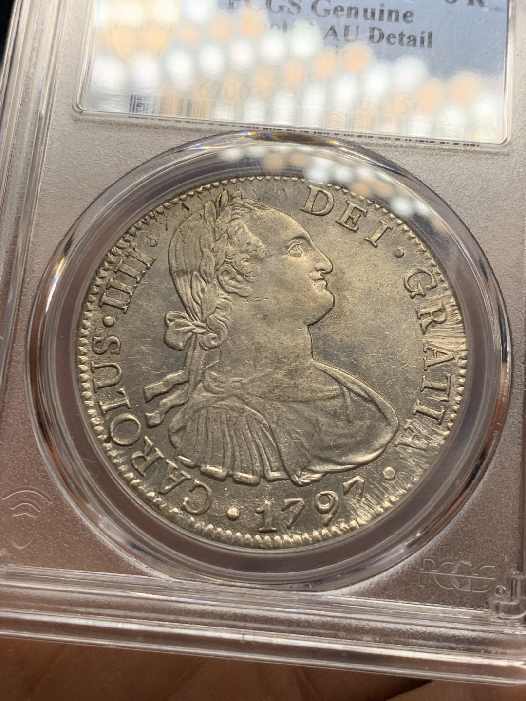 《竞宝斋》第28场-本周日，周一2场连拍（全场顺丰包邮） PCGS-AUD  1797 西属墨西哥 卡洛斯四世    8里亚尔  原味  带底光