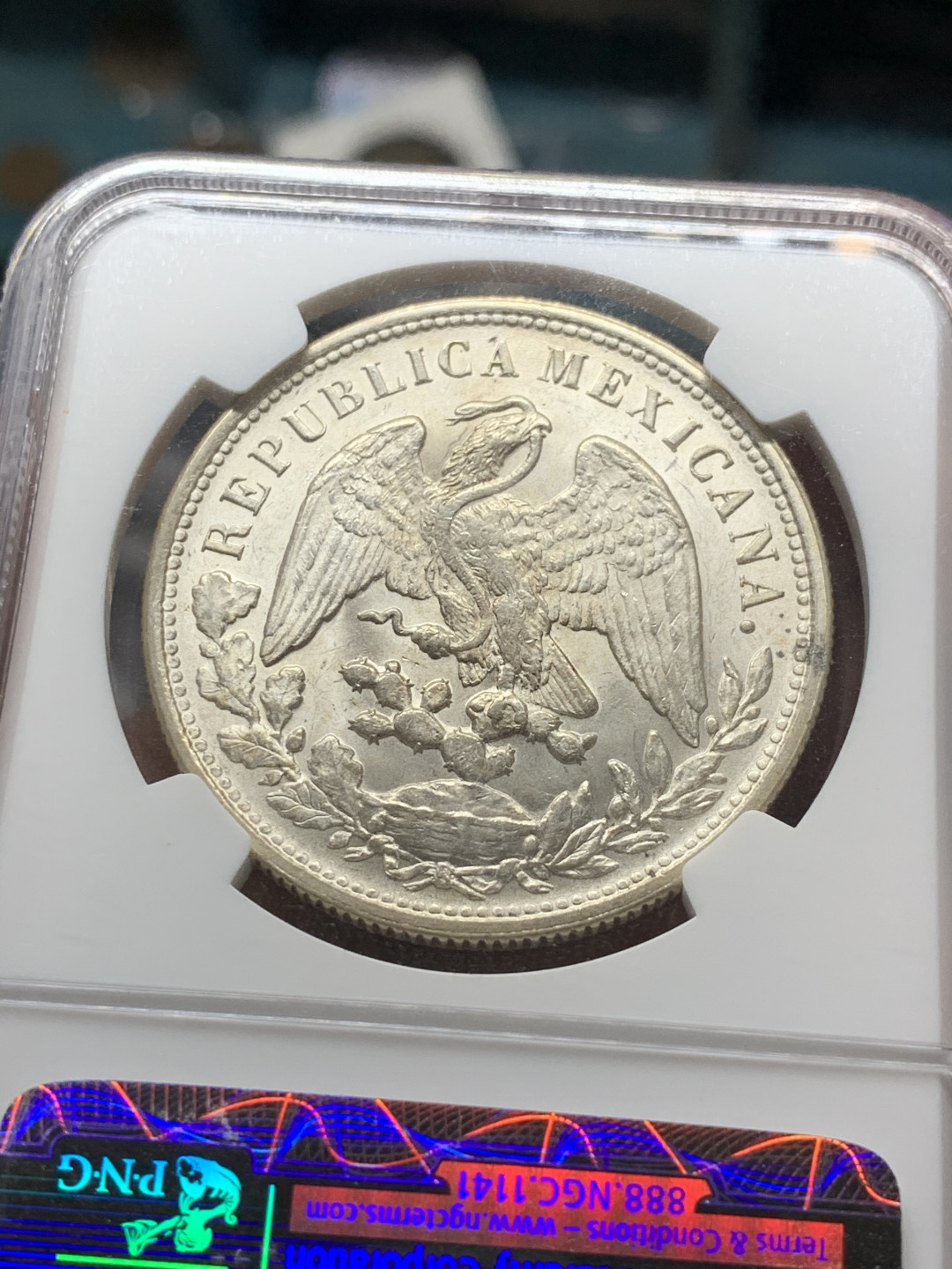 《竞宝斋》第28场-本周日，周一2场连拍（全场顺丰包邮） NGC-MS64 难得状态 1898年 墨西哥 直边鹰洋银元 后铸版