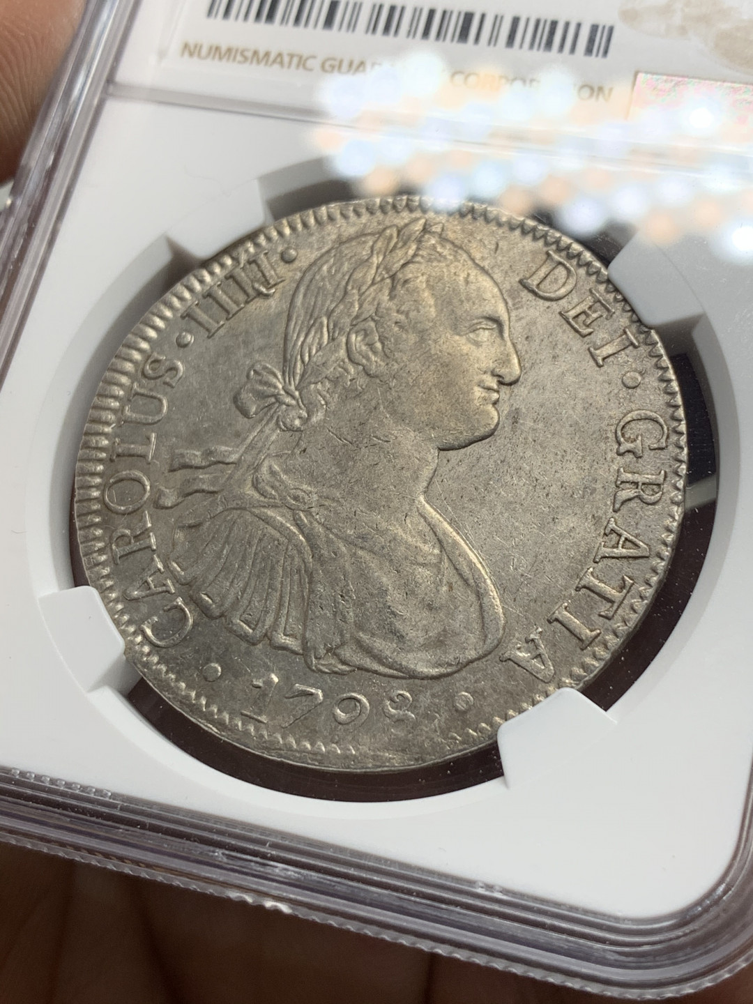 《竞宝斋》第28场-本周日，周一2场连拍（全场顺丰包邮） NGC-AUD 墨西哥 1798年 8 里亚尔  人像双柱卡洛斯四世  银币 深打好细节