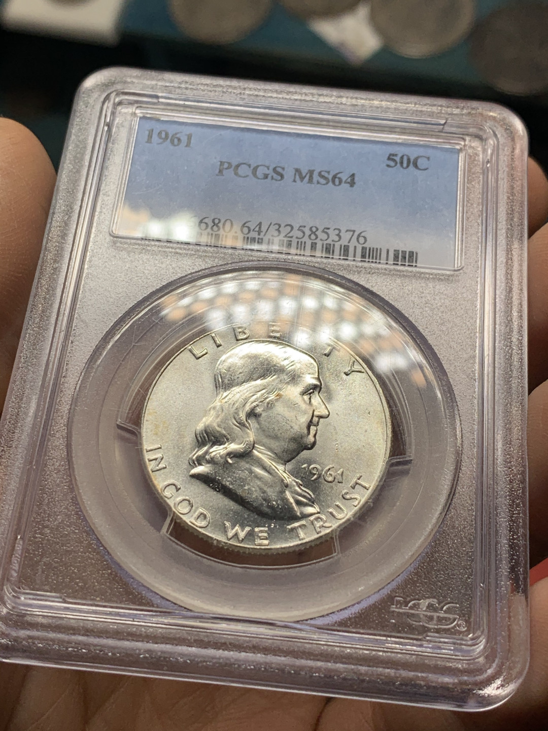 《竞宝斋》第28场-本周日，周一2场连拍（全场顺丰包邮） PCGS-MS64 美国1961年 富兰克林 半美元银币 