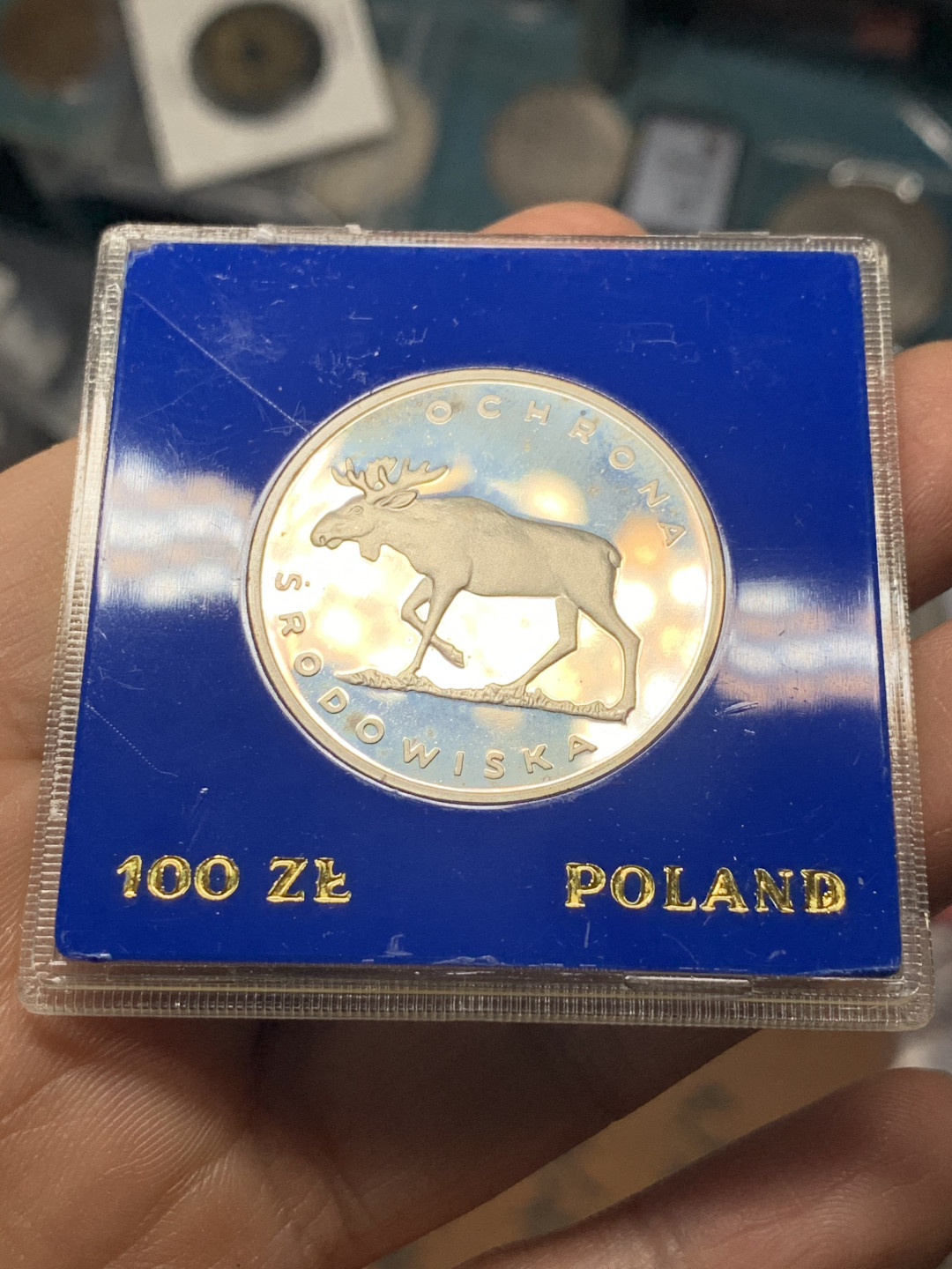 《竞宝斋》第28场-本周日，周一2场连拍（全场顺丰包邮） 蓝盒 波兰1978年 驼鹿 100兹罗提 精制银币 动物系列的波兰都比较少见