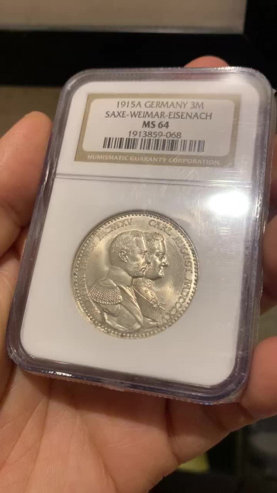 《竞宝斋》第28场-本周日，周一2场连拍（全场顺丰包邮） 德国1915萨克森魏玛-艾森纳赫3马克，NGC老盒MS64好品