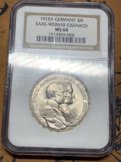 《竞宝斋》第28场-本周日，周一2场连拍（全场顺丰包邮） - 德国1915萨克森魏玛-艾森纳赫3马克，NGC老盒MS64好品
