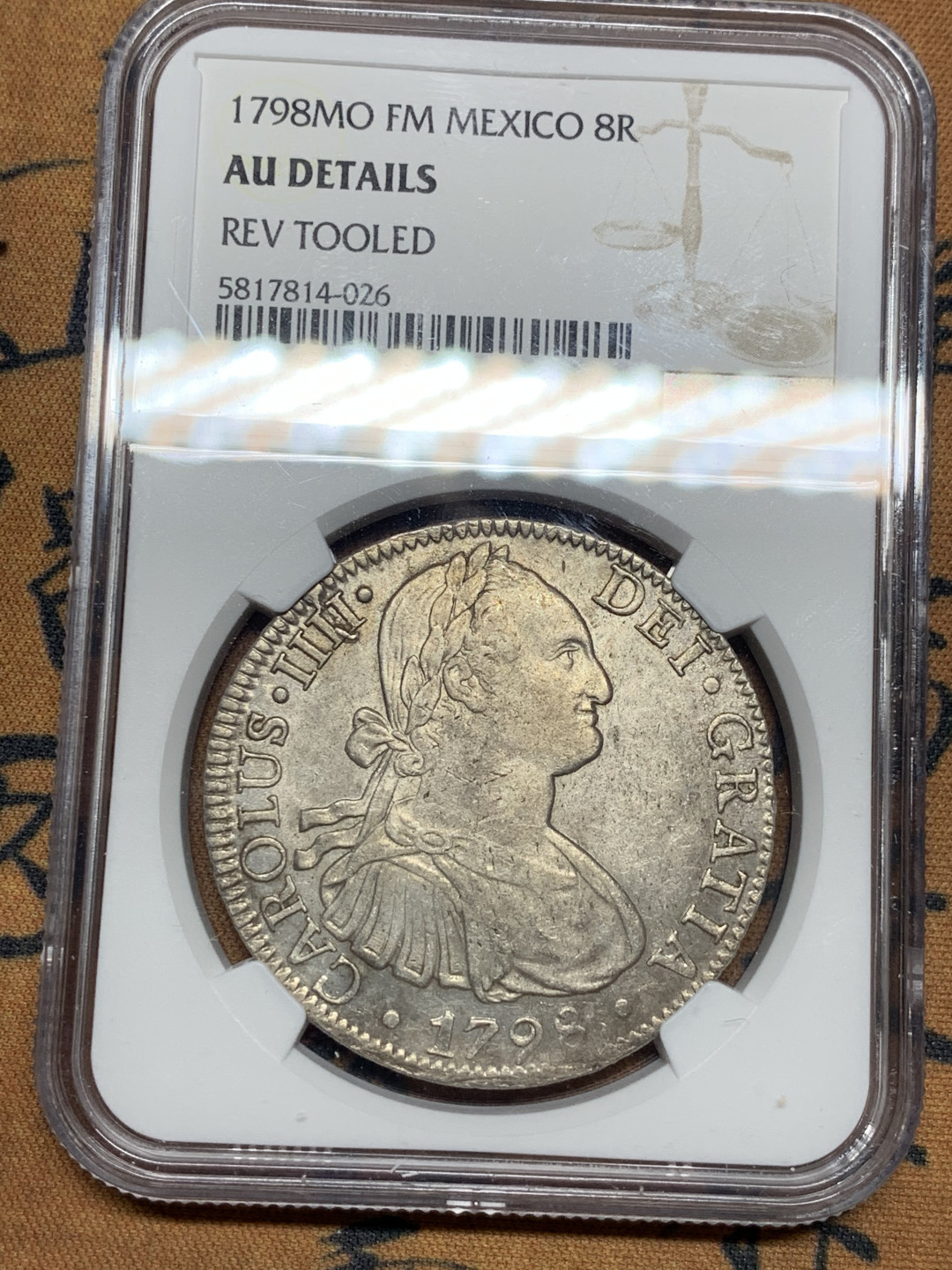 《竞宝斋》第28场-本周日，周一2场连拍（全场顺丰包邮） NGC-AUD 墨西哥 1798年 8 里亚尔  人像双柱卡洛斯四世  银币 深打好细节
