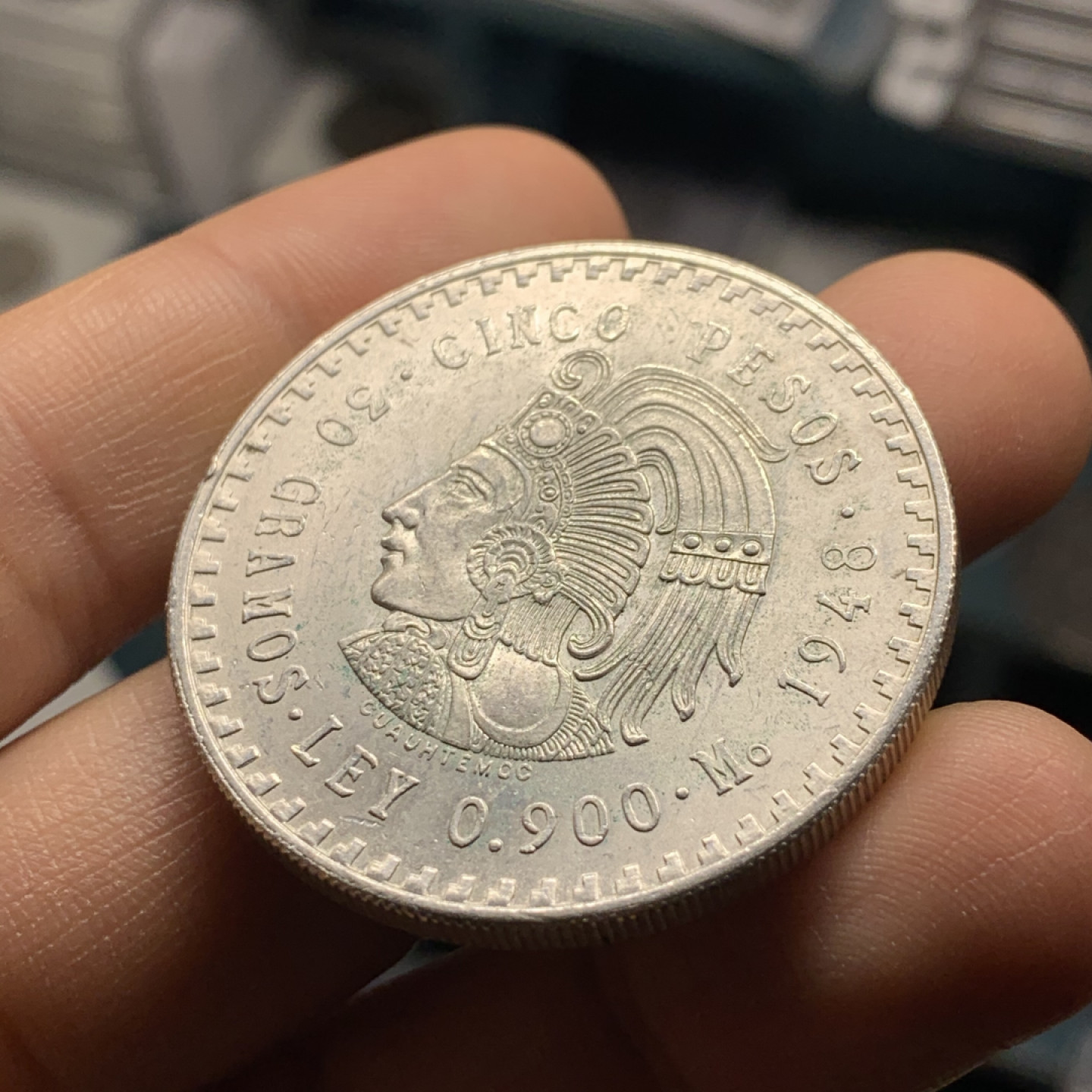 《竞宝斋》第28场-本周日，周一2场连拍（全场顺丰包邮） 墨西哥 1948年 印第安人头像 5比索 原光大银币 30克 90%银