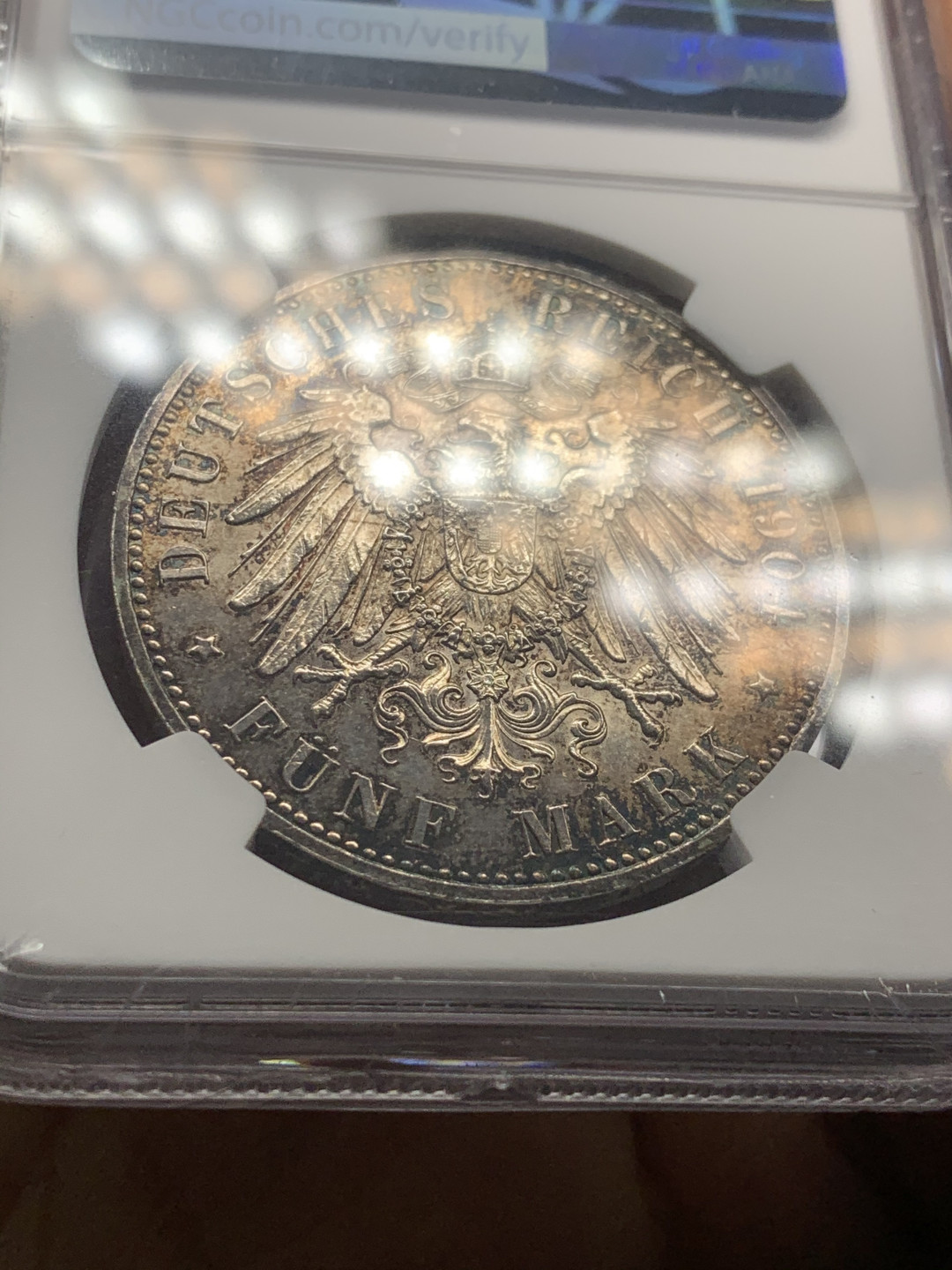 《竞宝斋》第28场-本周日，周一2场连拍（全场顺丰包邮） 德国1904年，黑森5马克纪念银币，NGC-UNC好品