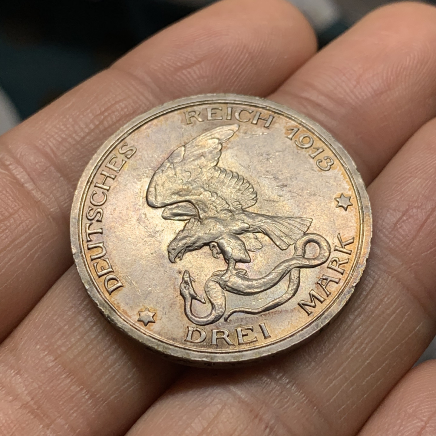 《竞宝斋》第28场-本周日，周一2场连拍（全场顺丰包邮） 德国普法战争 1913年 3马克 银币 原光好品 带彩